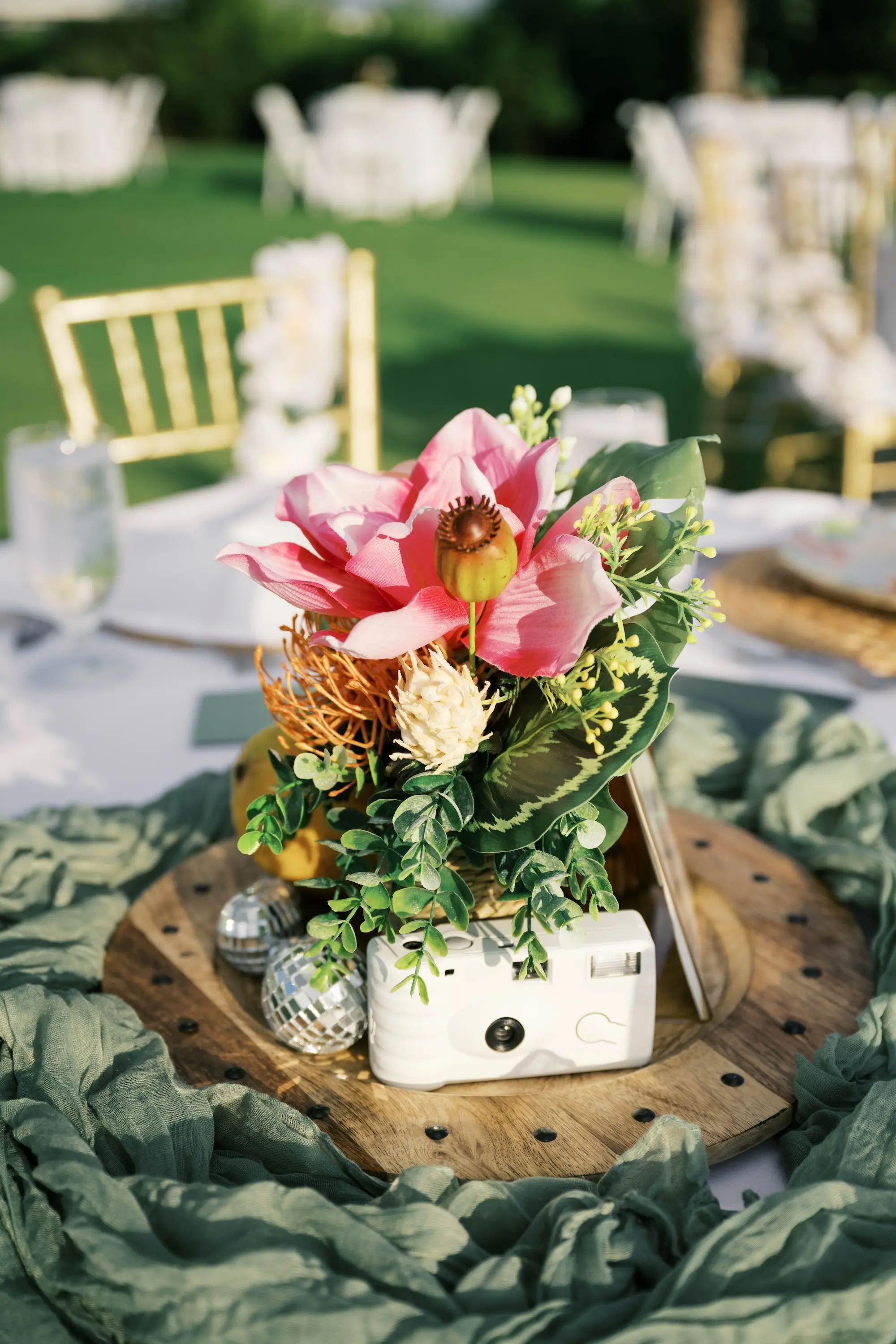 Tropical Pink and Orange Flower Centerpiece Decor Ideas | Wedding Guest Disposable Camera Inspiration