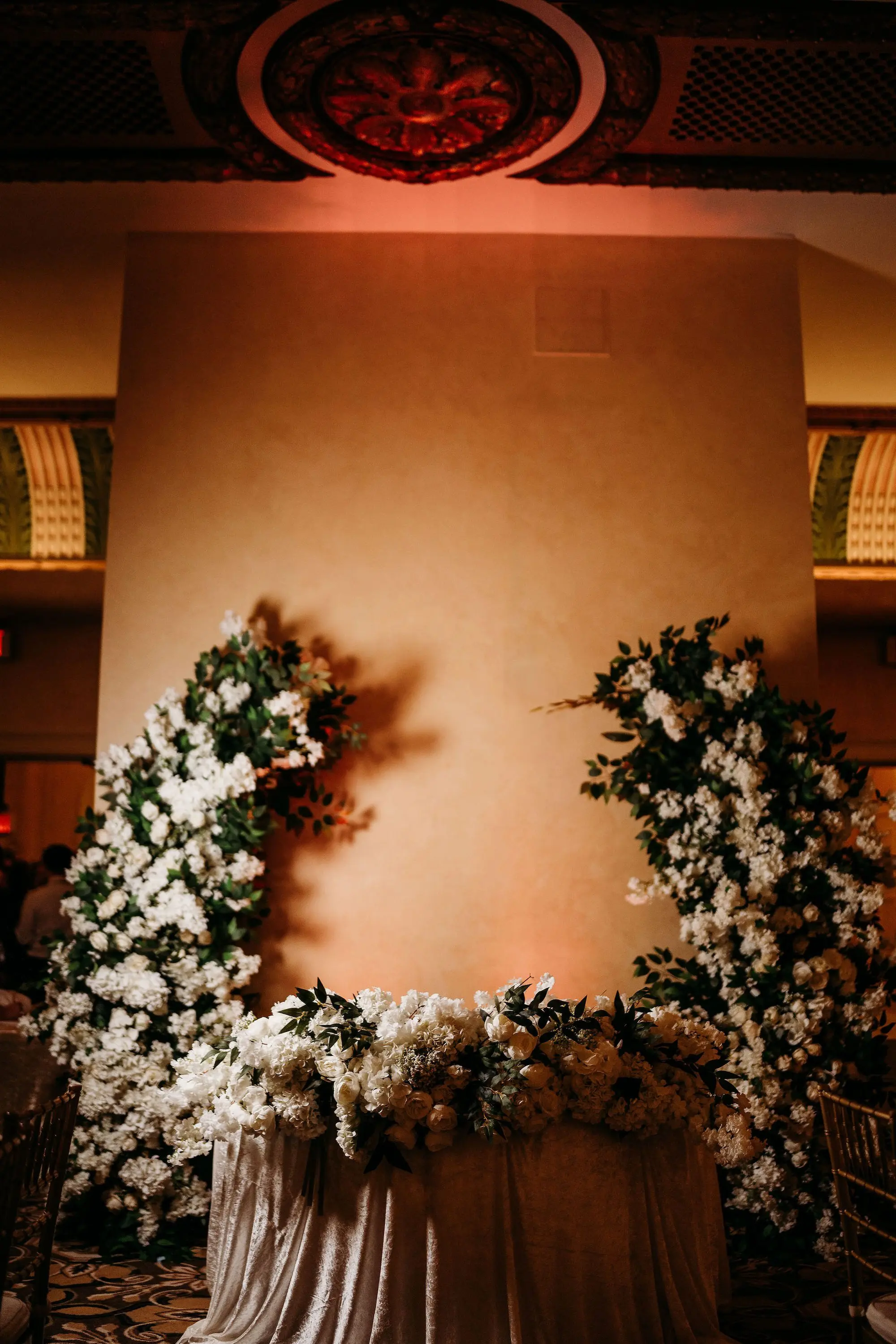 37Classic Gold Italian Inspired Wedding Ideas - Classic, Gold Tampa Wedding | The Italian Club of Tampa Elegant Old World Italian Inspired Ballroom Wedding Reception | Lush Semi Circle Arches White Hydrangeas, Roses, and Baby's Breath with Greenery and White Rose Sweetheart Table Decor Ideas