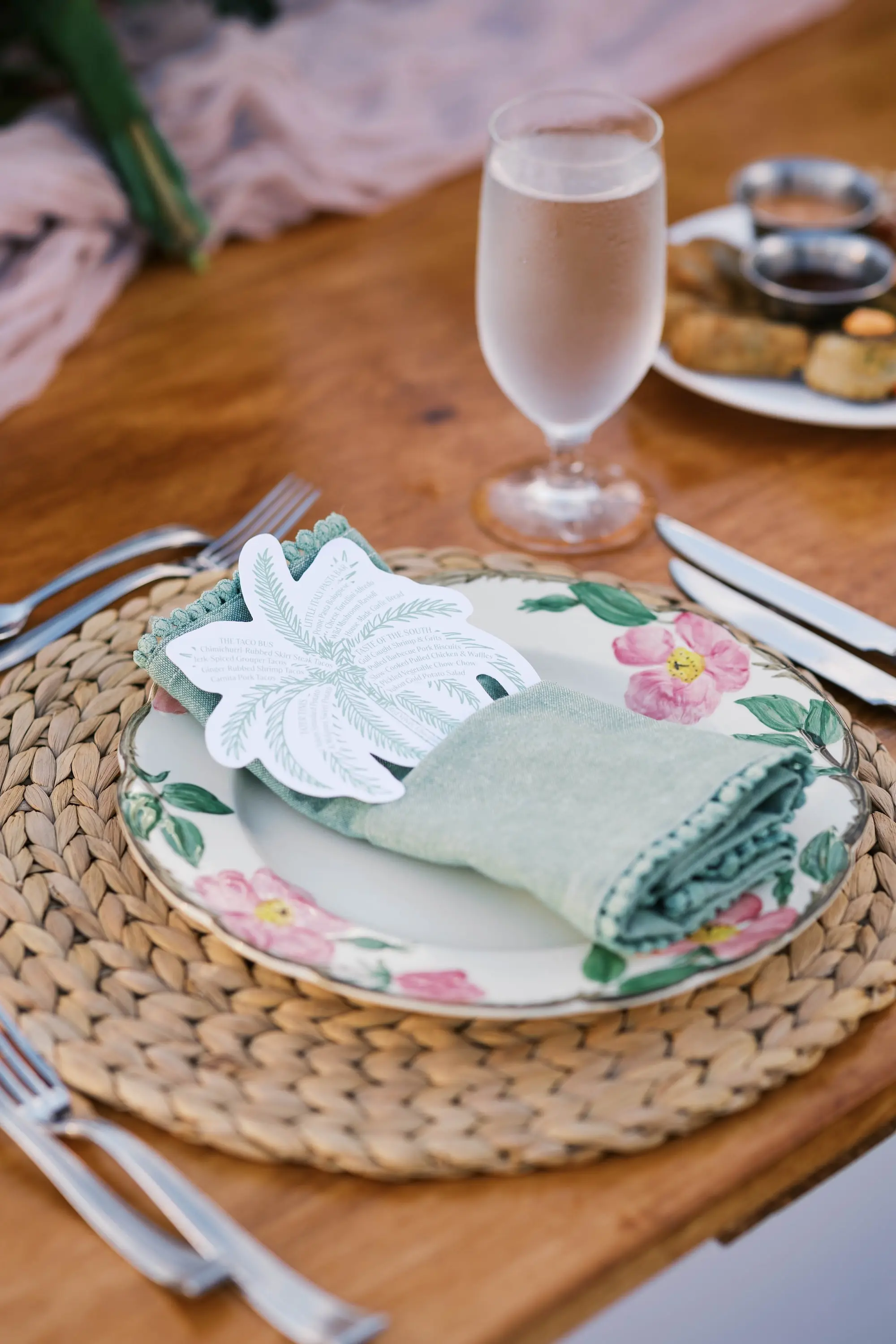 Tropical Pink and Green Wedding Reception Place Setting Decor Inspiration