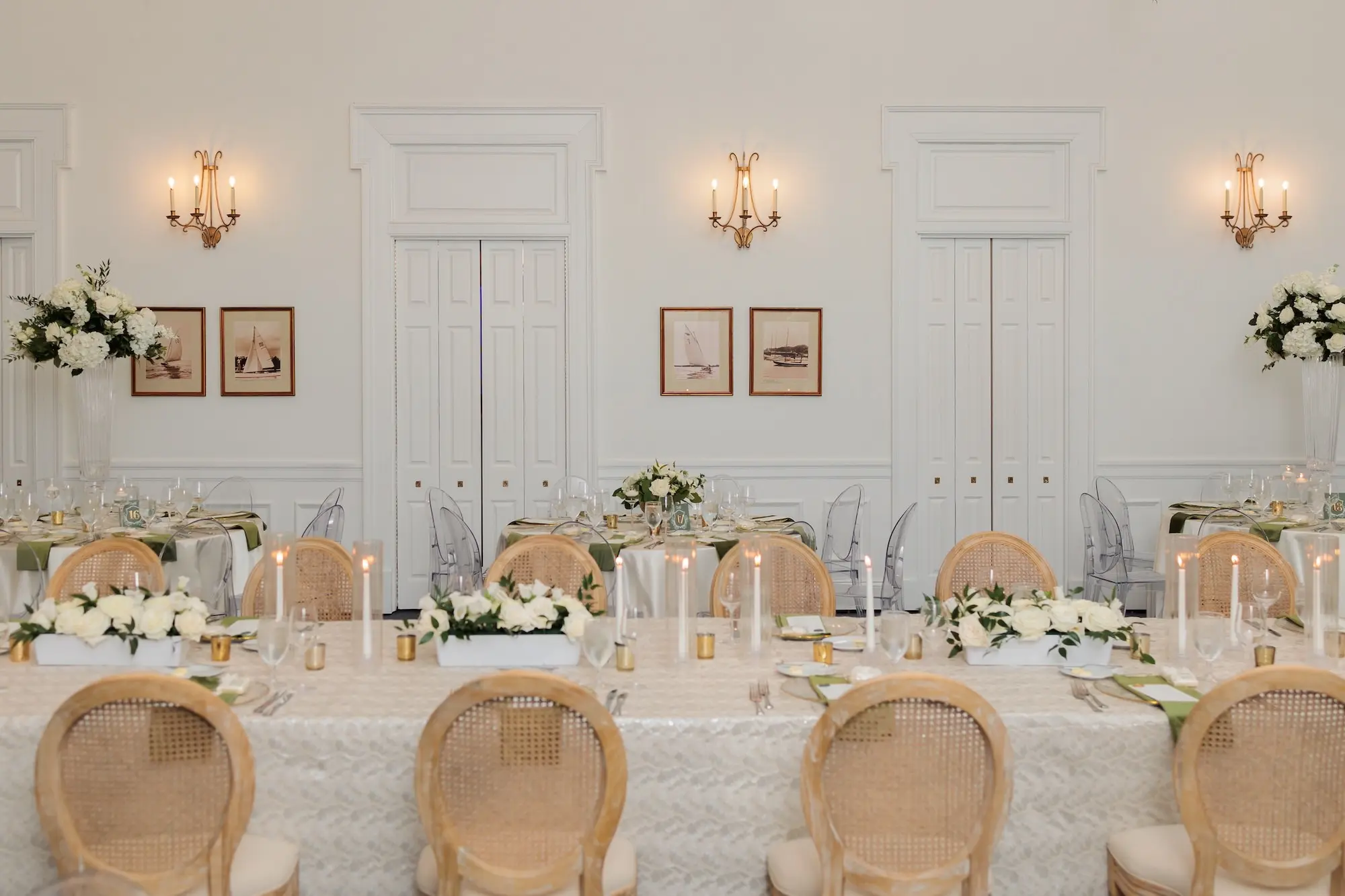 Timeless Ballroom Wedding Reception | Southern Wooden Rattan Chairs | Lush Elegant Centerpieces with White Hydrangeas, Roses, and Orchid Flower Arrangement Ideas | Soft White Taper Candle Decor Inspiration | White Linens with Olive Green Napkins and Romantic Candlelight Tablescape Decor Ideas | Tampa Bay Kate Ryan Event Rentals | Florist Save The Date Florida | Planner EventFull Weddings | Venue Tampa Yacht and Country Club