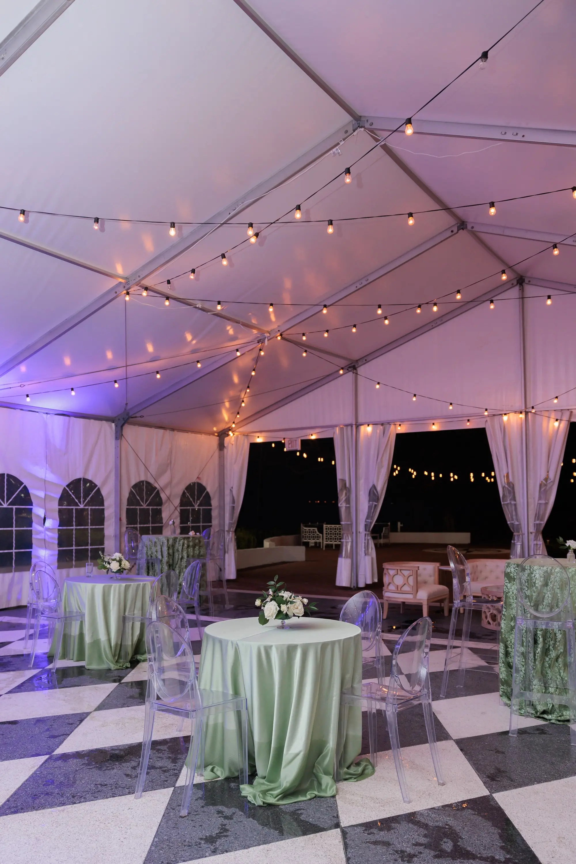 Timeless Green, White, and Gold Tented Wedding Reception Decor Ideas | Light Green Linens with Clear Seats Wedding Reception Decor Ideas | String Lights Reception Decor Inspiration | Tampa Bay Kate Ryan Event Rentals | Venue Tampa Yacht and Country Club | Planner EventFull Weddings
