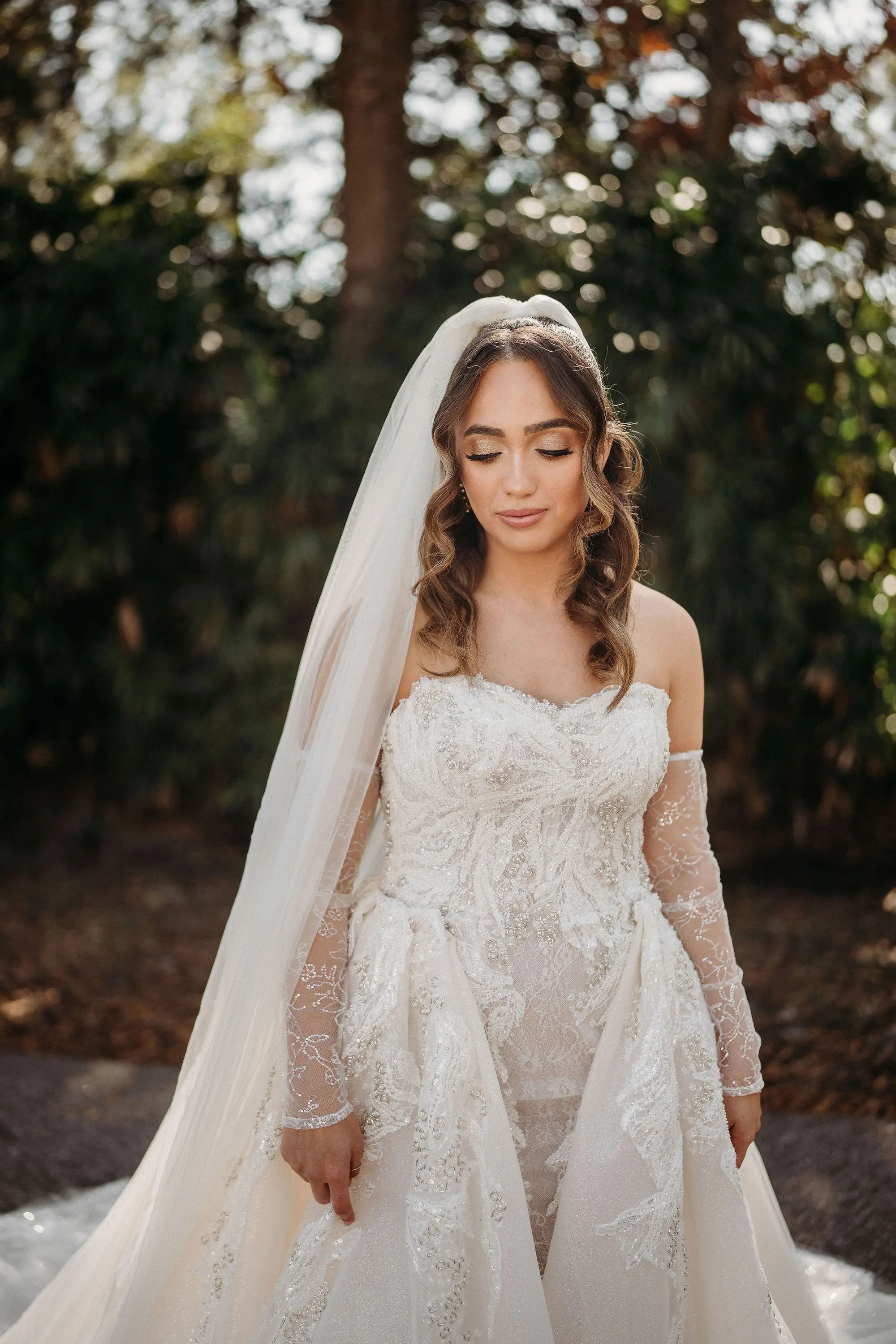 4Classic Gold Italian Inspired Wedding Ideas - Classic, Gold Tampa Wedding | The Italian Club of Tampa Bride Winter Florida Wedding Portrait | Strapless Sweetheart Neckline Princess Silhouette Wedding Gown with Delicate Crystal Lace Floral Beadwork, Sparkle Tulle and Full Skirt Inspiration | Sheer Lace Beaded Wedding Gown Long Sleeves with Traditional Cathedral Length Chiffon Veil Ideas | Tampa Bay Photographer Videographer Sabrina Autumn Photography