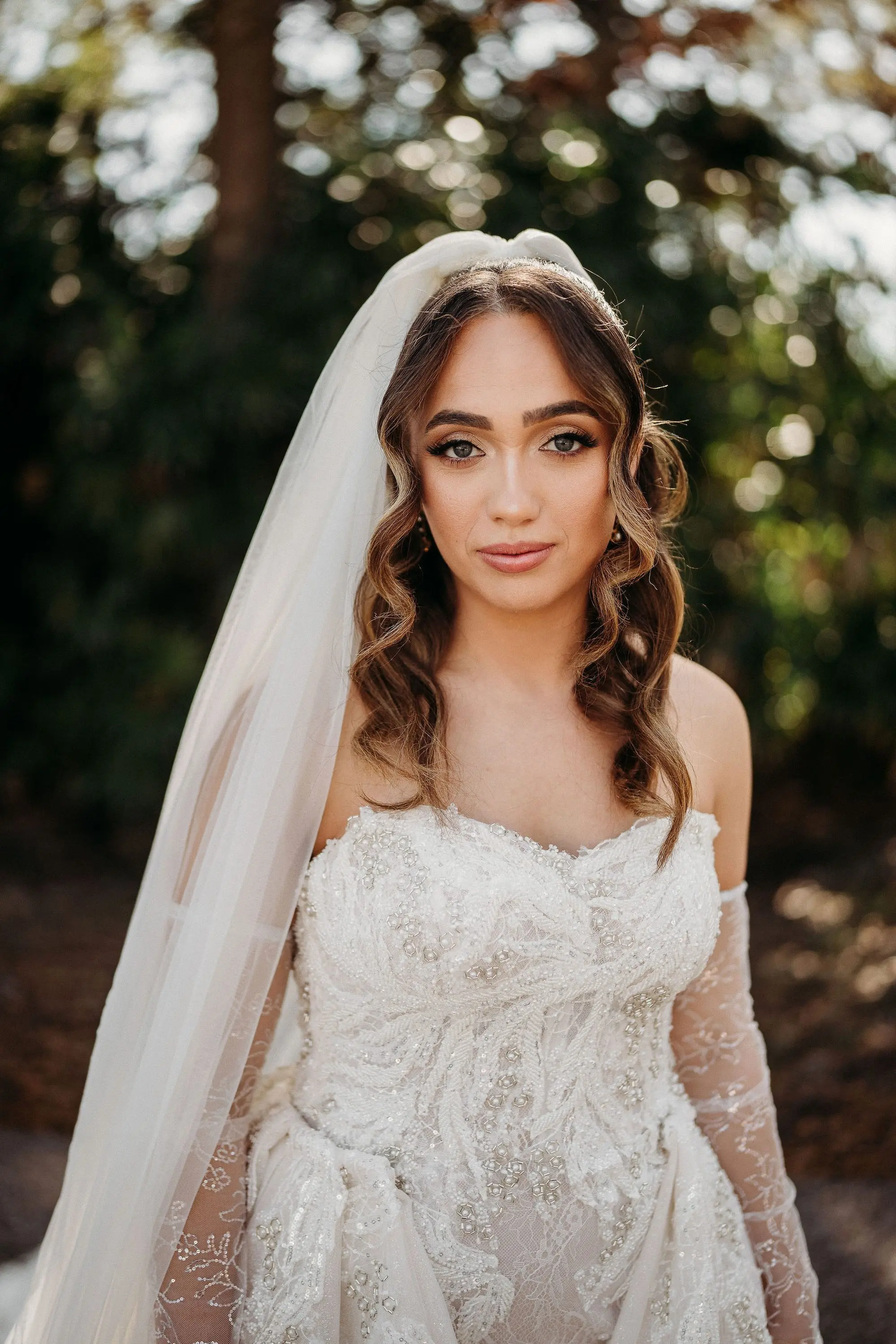5Classic Gold Italian Inspired Wedding Ideas - Classic, Gold Tampa Wedding | The Italian Club of Tampa Bride Winter Florida Wedding Portrait | Strapless Sweetheart Neckline Princess Silhouette Wedding Gown with Delicate Crystal Lace Floral Beadwork, Sparkle Tulle and Full Skirt Inspiration | Sheer Lace Beaded Wedding Gown Long Sleeves with Traditional Cathedral Length Chiffon Veil Ideas | Tampa Bay Photographer Videographer Sabrina Autumn Photography