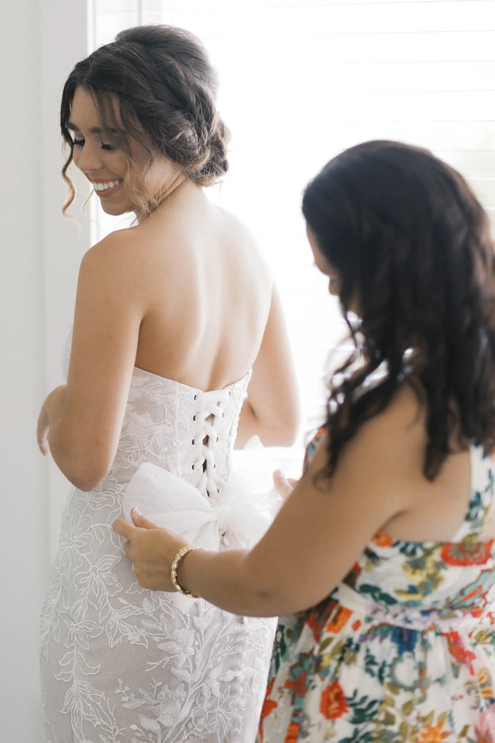 Bride and Mother Getting Ready Wedding Portrait | White Lace Martina Leanna Wedding Dress Inspiration