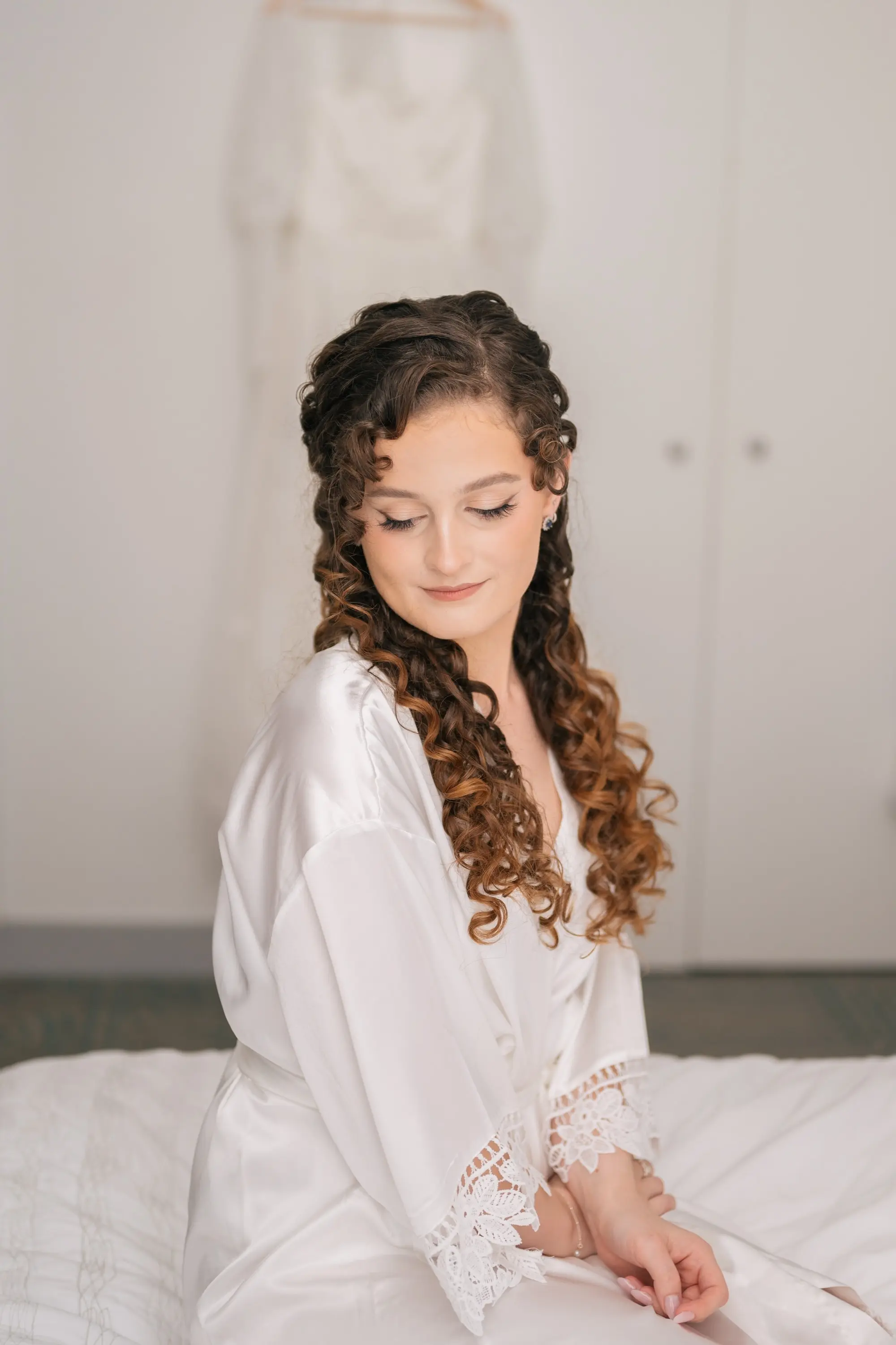 Half Up Half Down Curled Wedding Bridal Hair | Bride Getting Ready in White Robe Wedding Portrait