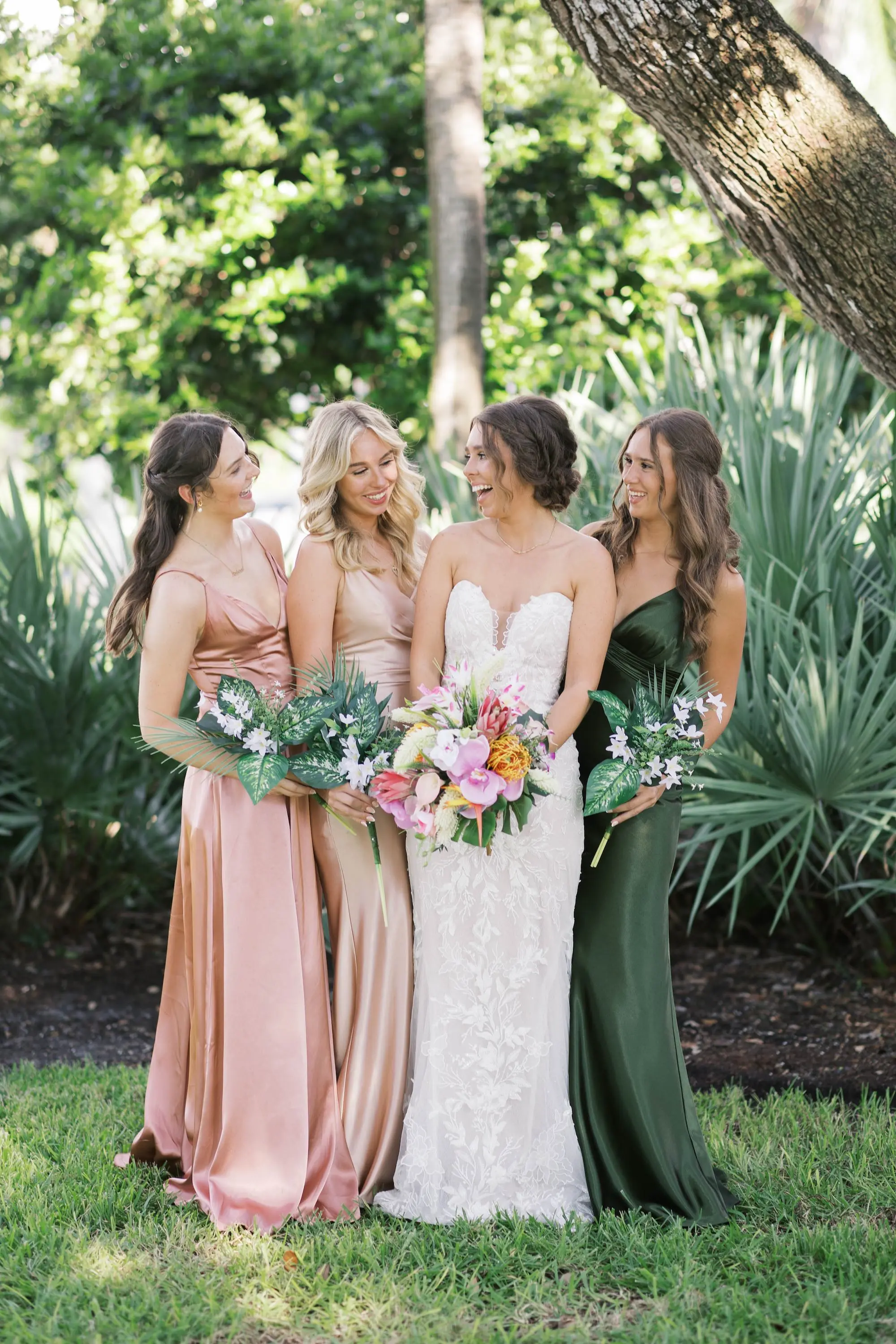 Mismatched Green and Pink Bridesmaids Wedding Dress Ideas