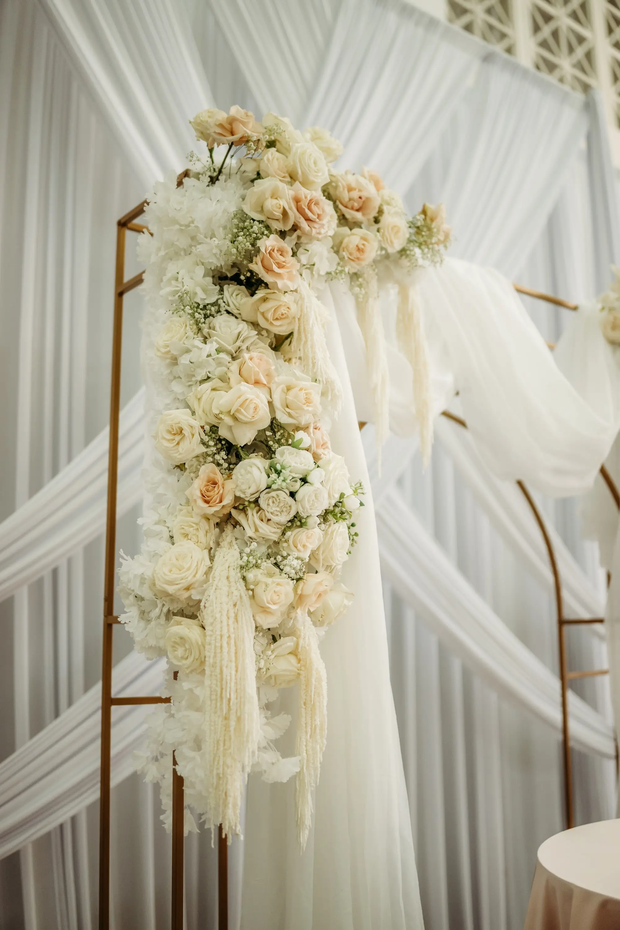 Romantic Blush Pink, White, and Champagne Wedding Ceremony Arch Decor Inspiration