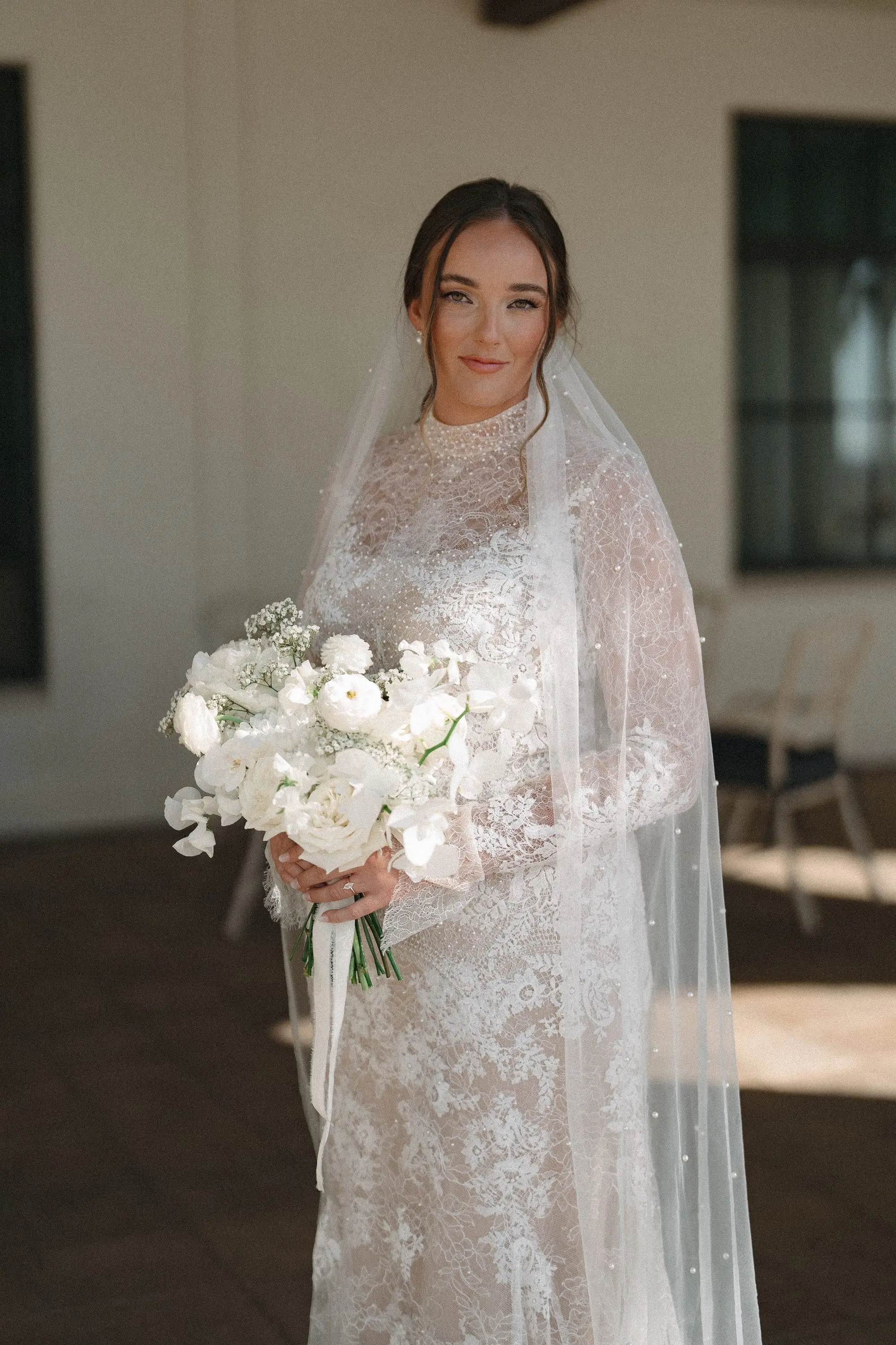 White and Nude Lace Watters Wedding Dress Inspiration | Monochromatic White Flower Bouquet Ideas