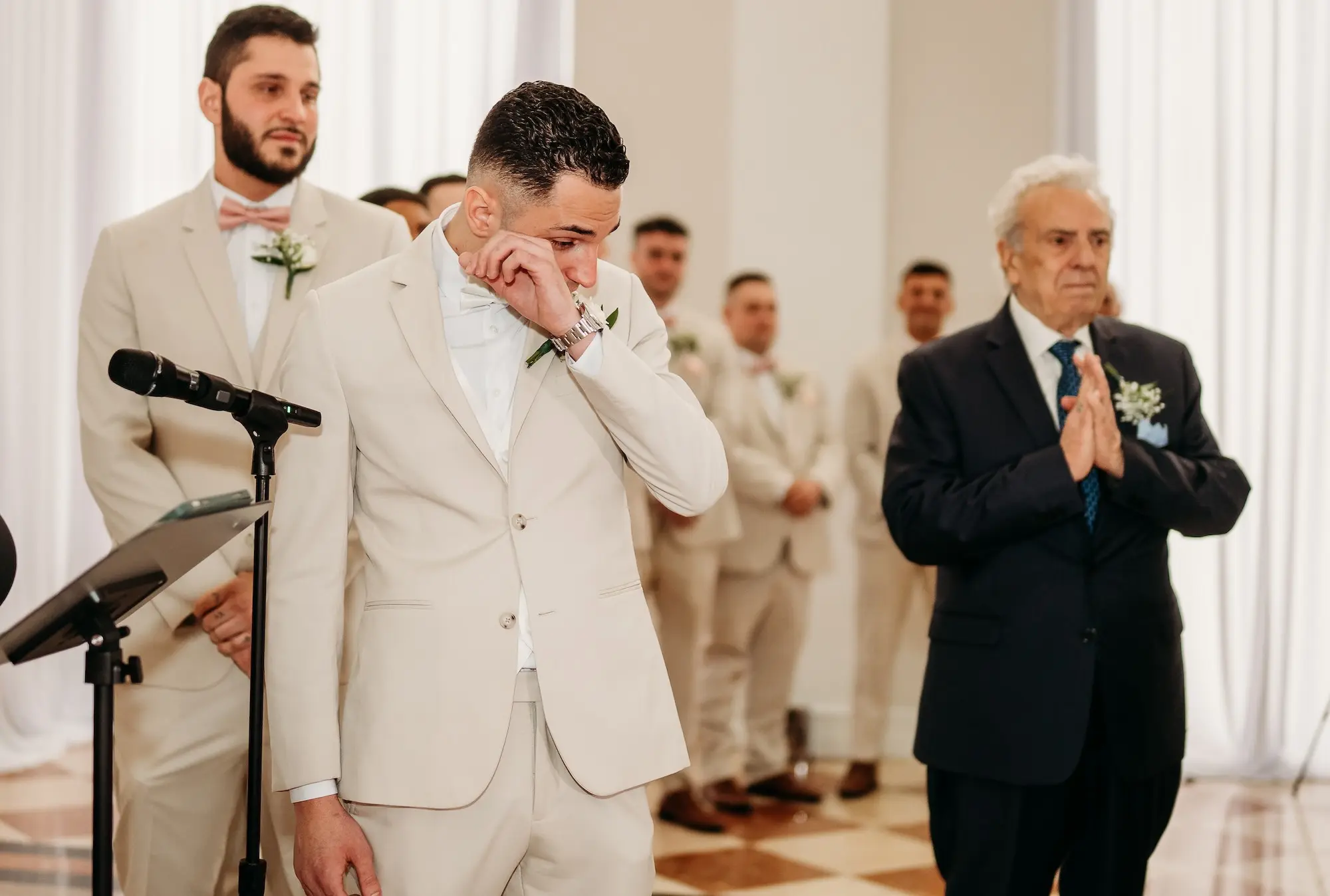 Groom's Reaction to Bride Bride Walking Down Wedding Ceremony Aisle
