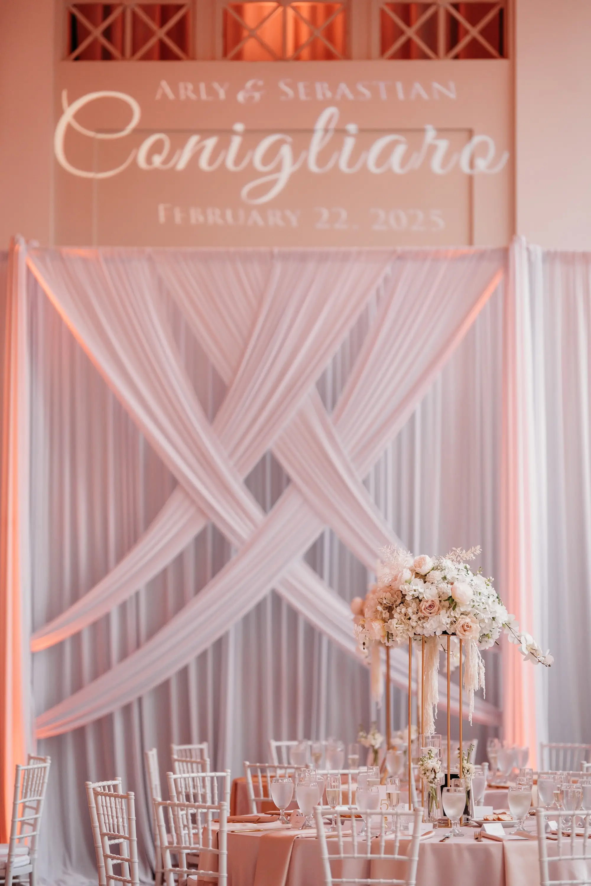 Romantic Blush Pink, White, and Champagne Wedding Reception Decor Inspiration with Draping | Tampa Venue The Vault