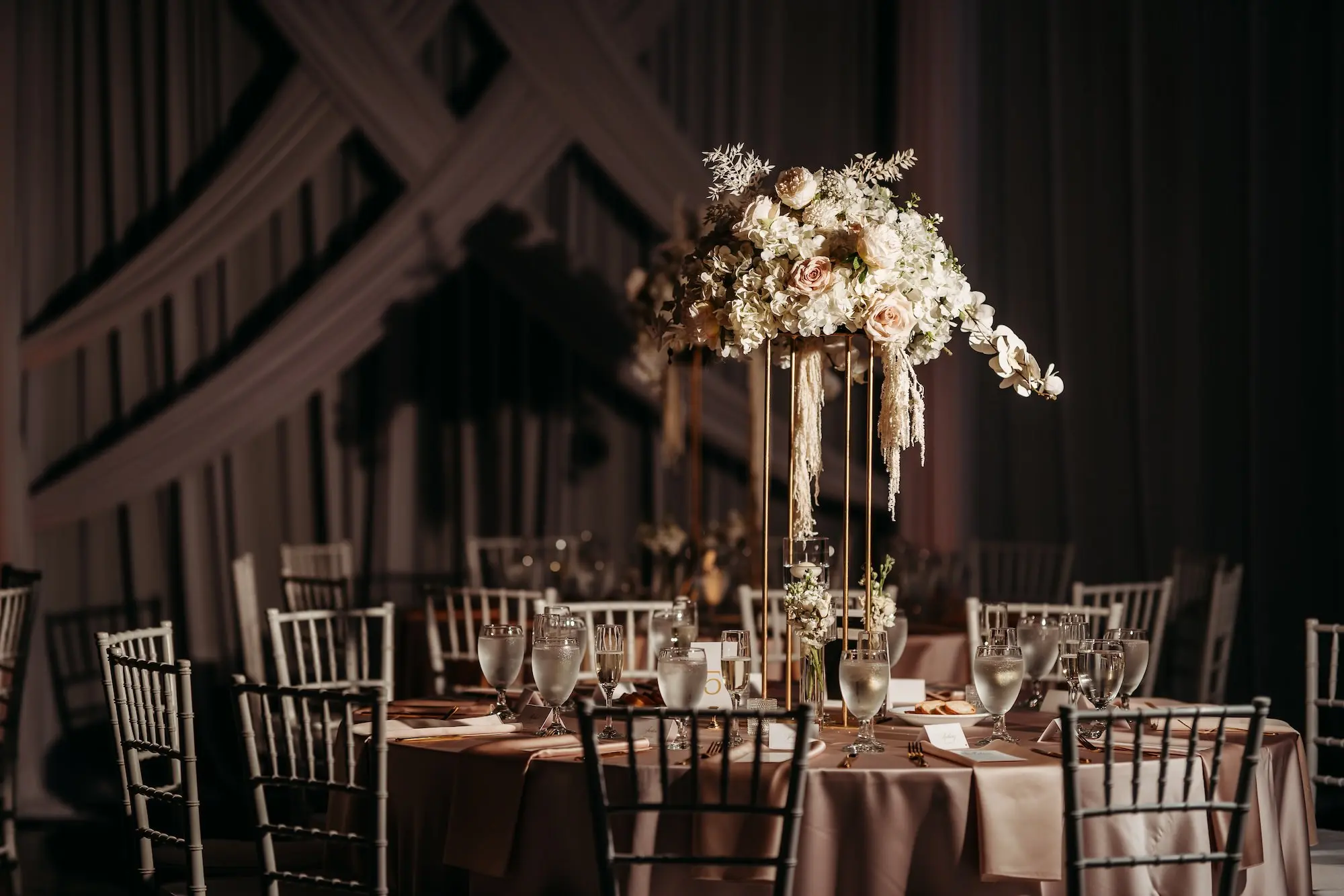 Romantic Blush Pink, White, and Champagne Centerpieces Wedding Reception Decor Inspiration with Draping