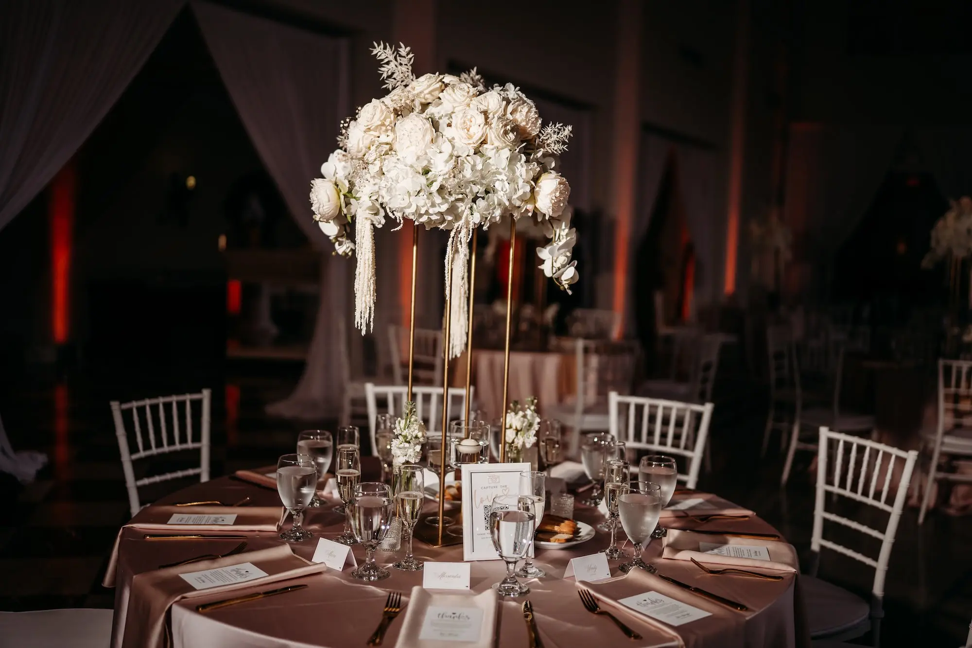 Romantic Blush Pink, White, and Champagne Centerpieces Wedding Reception Decor Inspiration with Draping