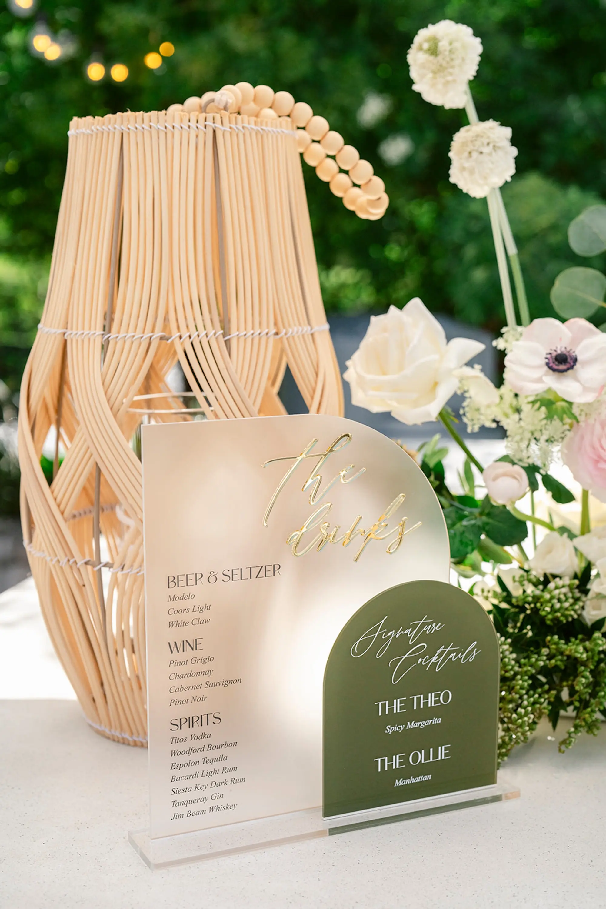 Acrylic Olive Green and Gold Bar Menu Sign Wedding Reception Decor Ideas | Natural Modern Boho Wedding Reception Decor Inspiration | Tampa Bay Planner Wilder Mind Events