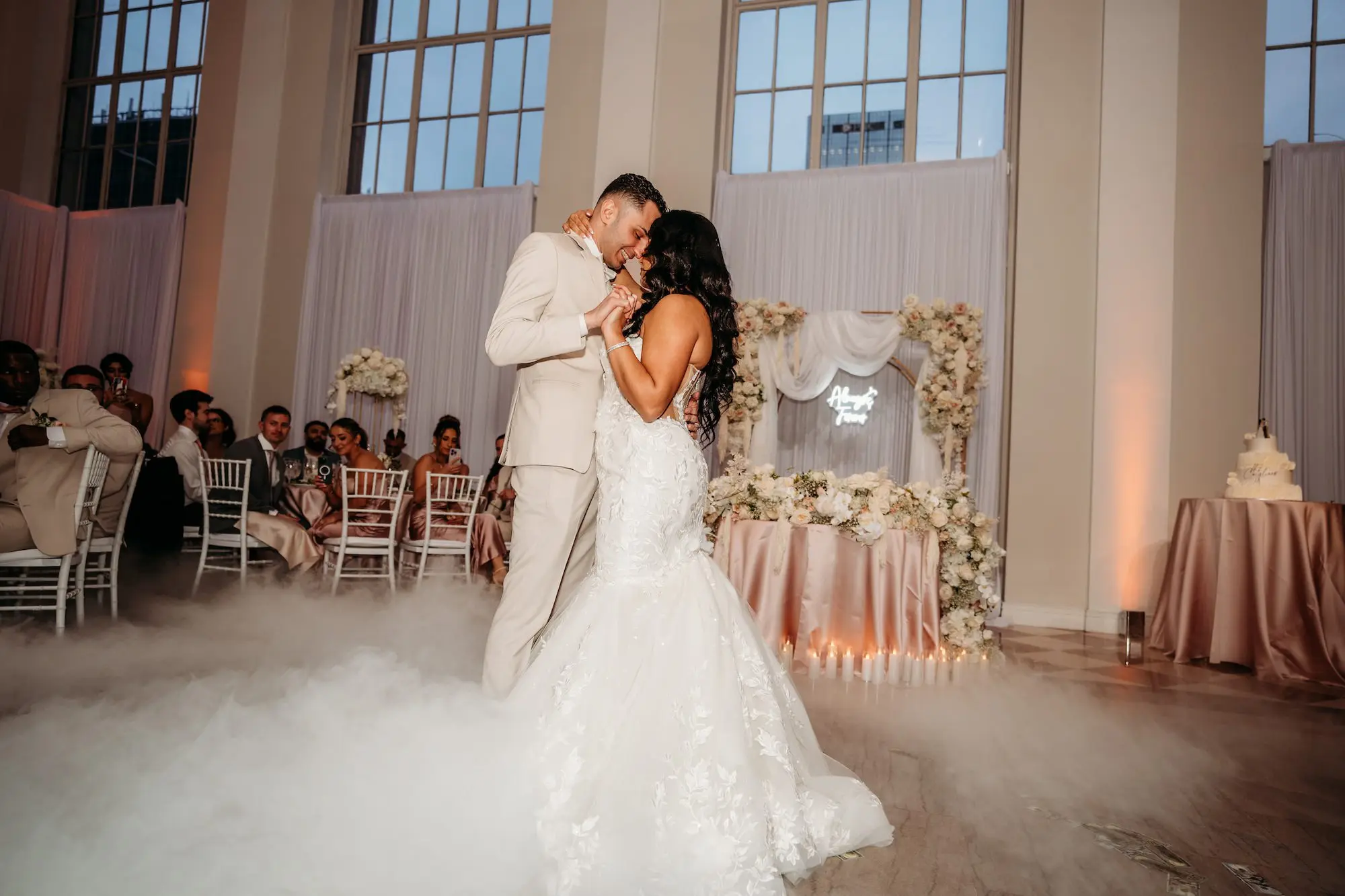 Bride and Groom Wedding Reception First Dance with Dancing on A Cloud Smoke Effect Ideas