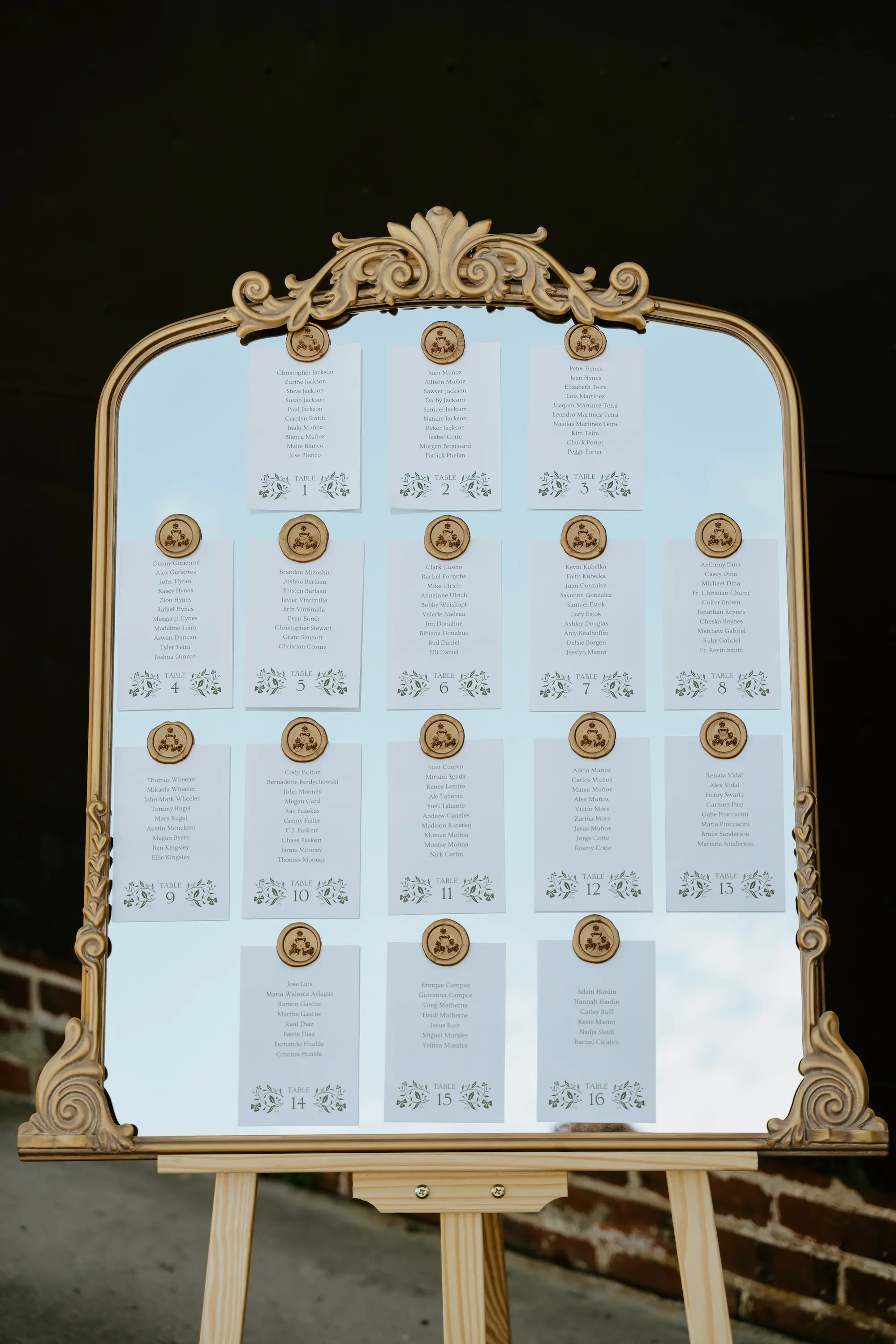 Vintage Gold Framed Mirror with Gold Wax Seals Wedding Reception Seating Chart Sign Ideas | Whimsical Woodland Fantasy Wedding Inspiration