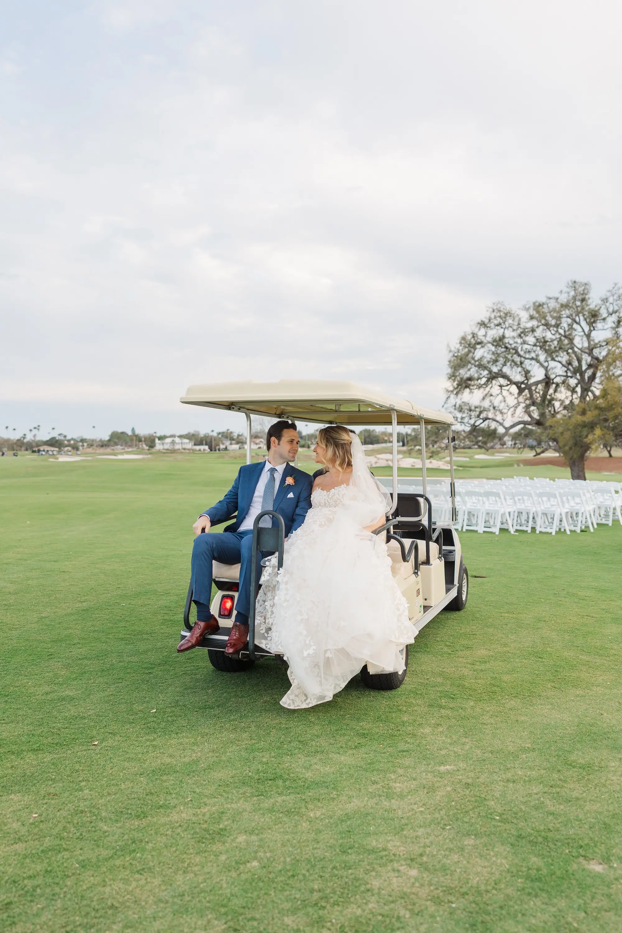 Bride and Groom on Golf Cart Wedding Portrait | Country Club Golf Course Lawn Wedding Venues Inspiration | Clearwater Photographer Mary Anna Photography