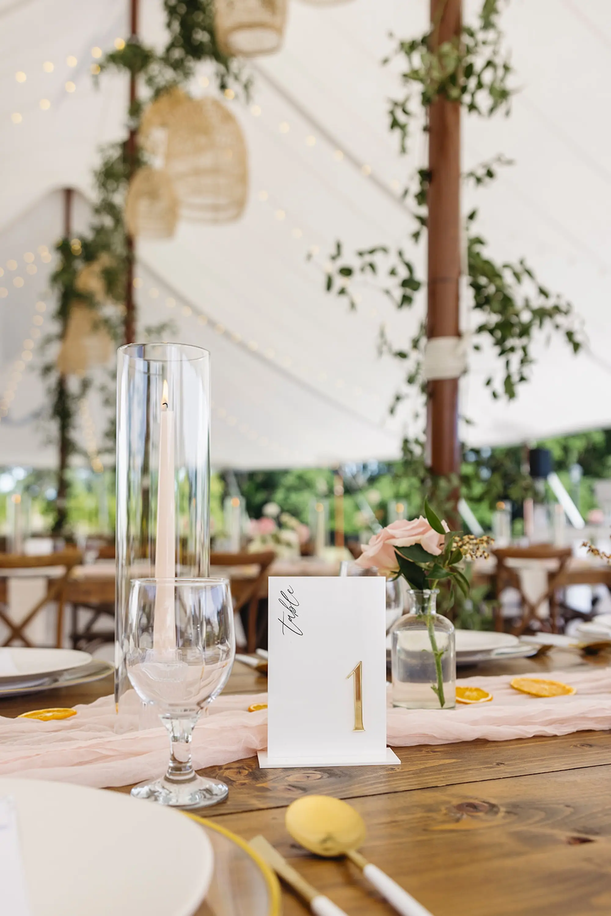 Elegant White and Gold Arcyllic Table Number Decor Inspiration | Clear Chargers with Gold Rim and Gold and White Flatware Tablescape Decor Ideas | Light Pink Chiffon Garland with Lush White and Light Pink Floral Centerpiece Decor Inspiration | Tampa Bay Planner Wilder Mind Events
