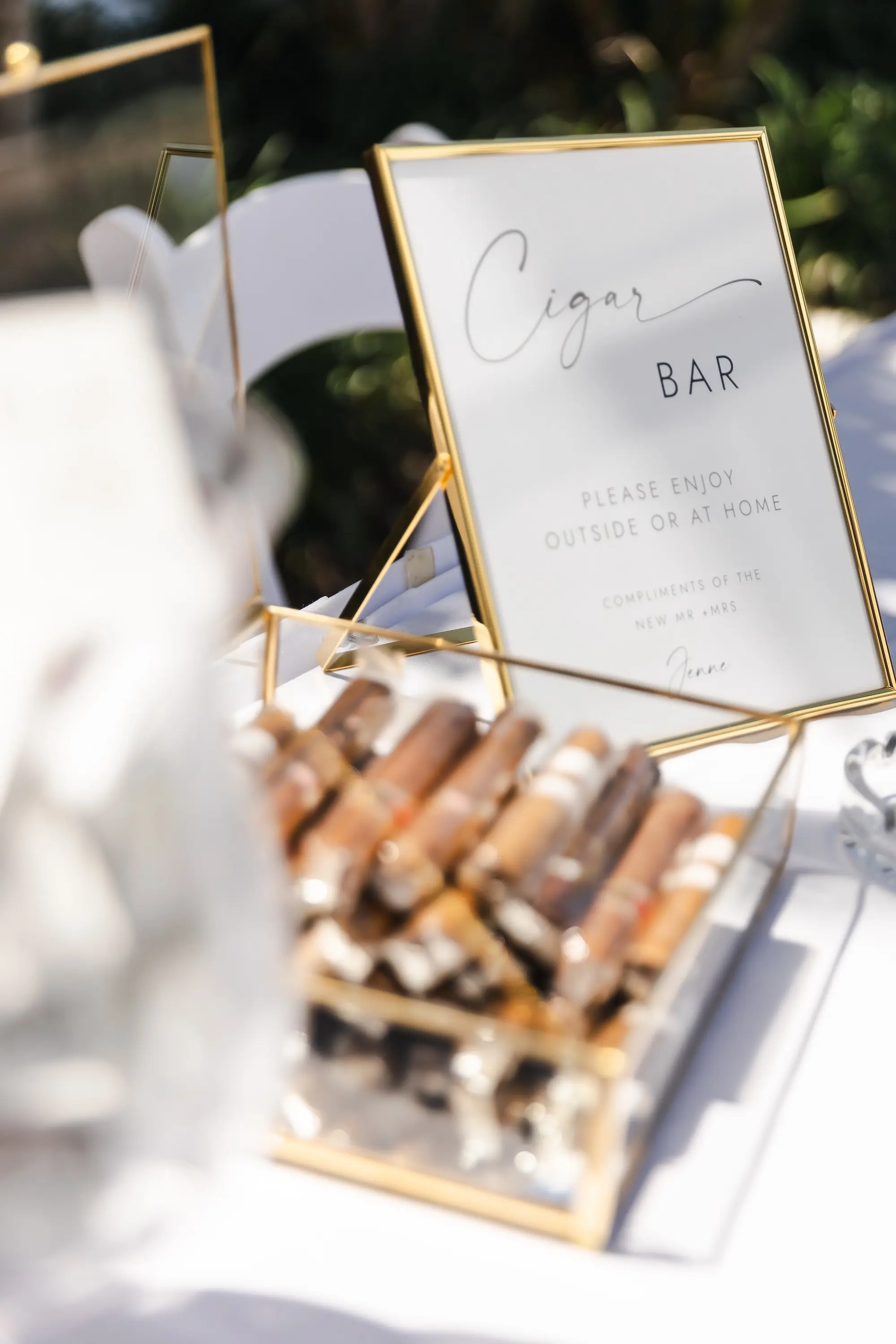 Wedding Reception Cigar Bar Inspiration | Gold Framed Sign Ideas | Wedding Reception Cigar Favors Inspiration
