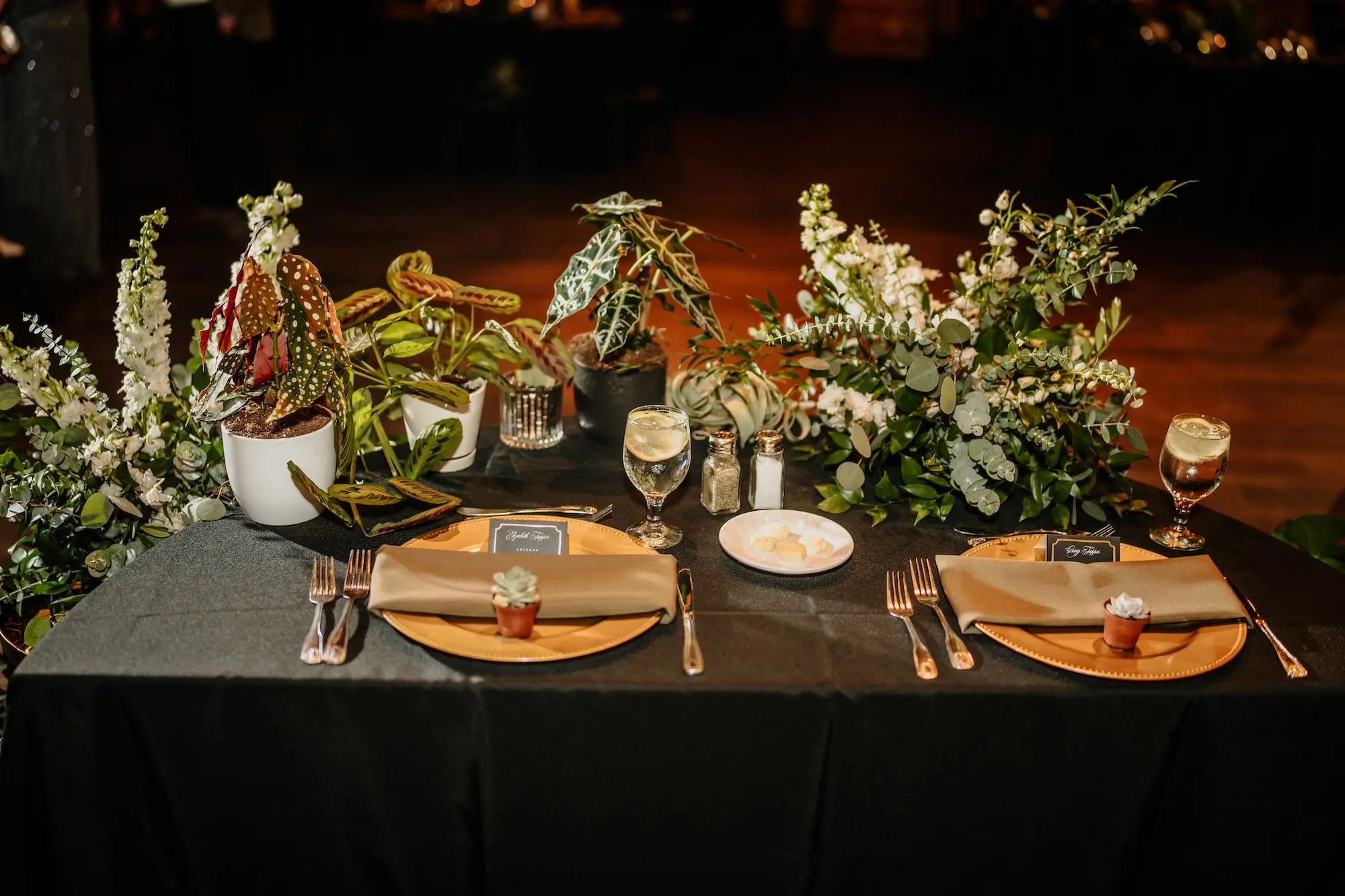 Moody, Dark Wedding Reception Tablescape with Black Linens and Gold Chargers with Olive Green Napkin Decor Ideas | Potted Plants Ferns, Eucalyptus, Greenery, Succulents Wedding Reception Decor Inspiration