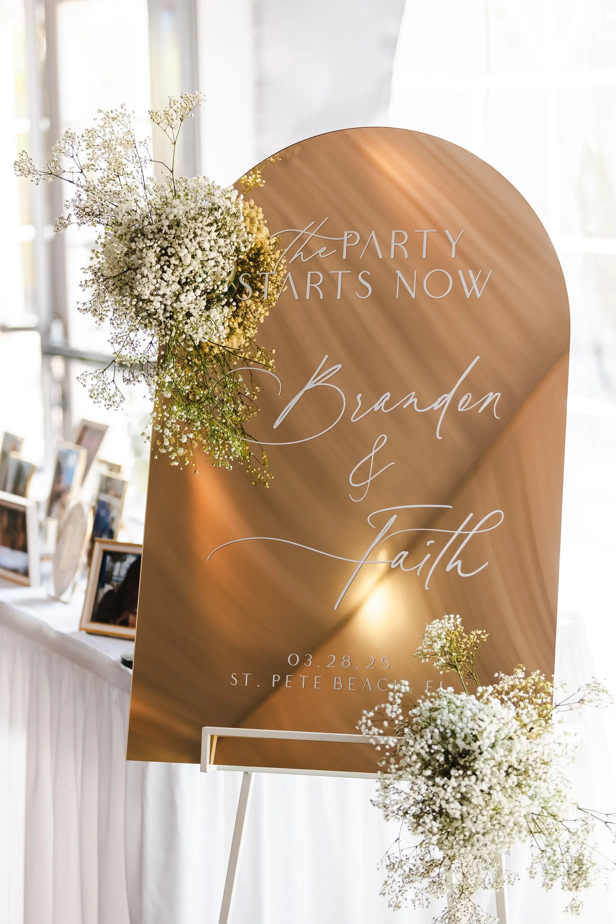 Mirrored Champagne Gold Welcome Sign Beach Wedding Reception Decor Ideas | White Baby's Breath Decor Inspiration