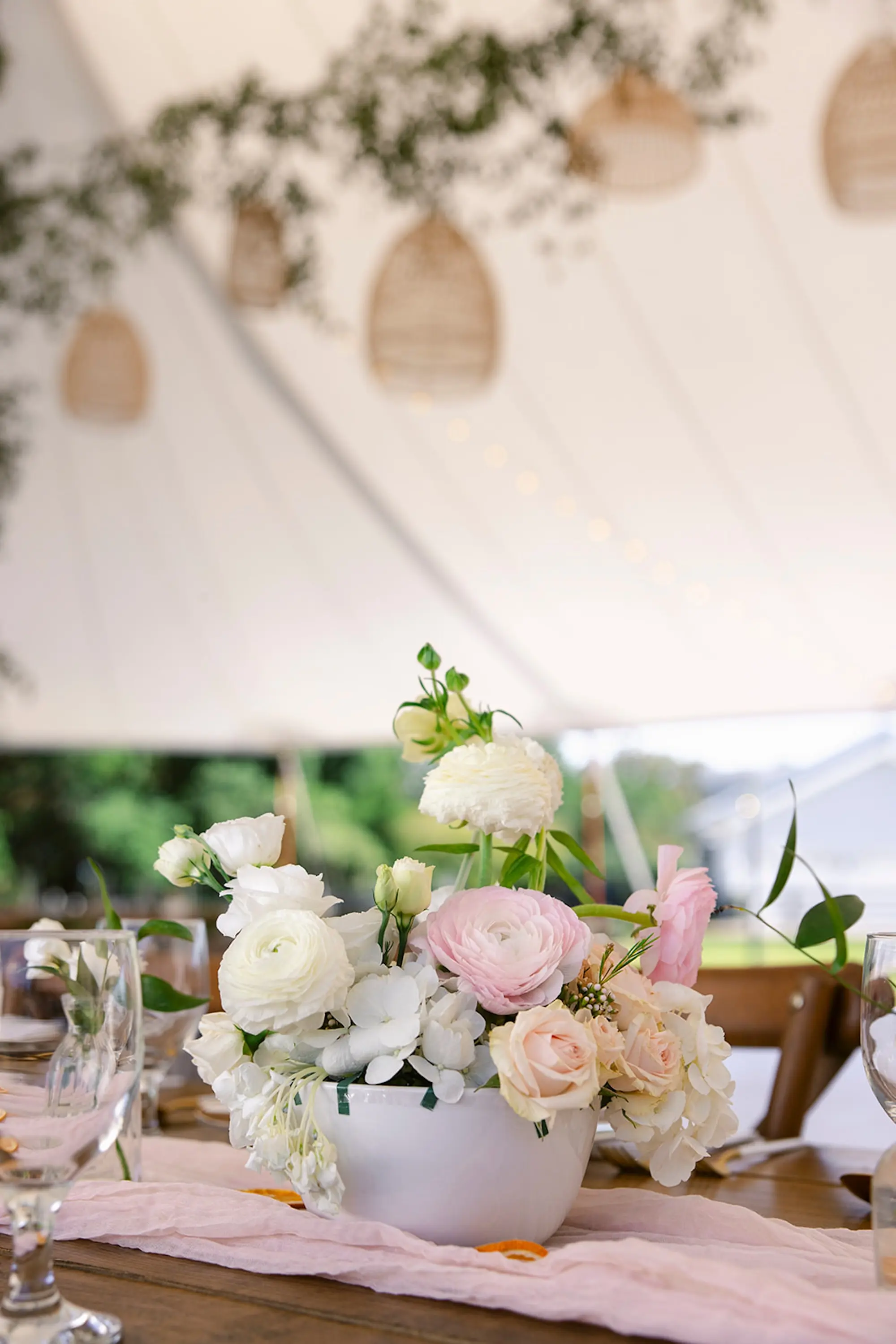 Soft, Cozy Lush White and Blush Pink Flower Arrangement Wedding Reception Centerpiece Decor Inspiration | Tampa Bay Planner Wilder Mind Events