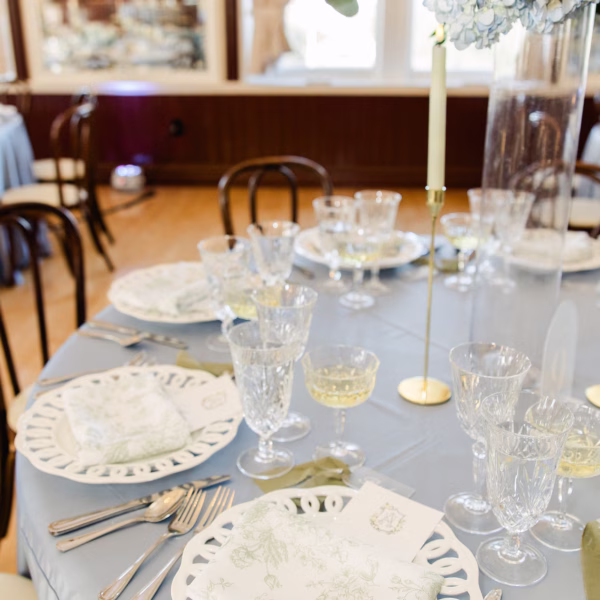 Timeless Romantic Pastel Blue Wedding Reception Tablescape Place Setting Decor Ideas | Ybor Kate Ryan Event Rentals