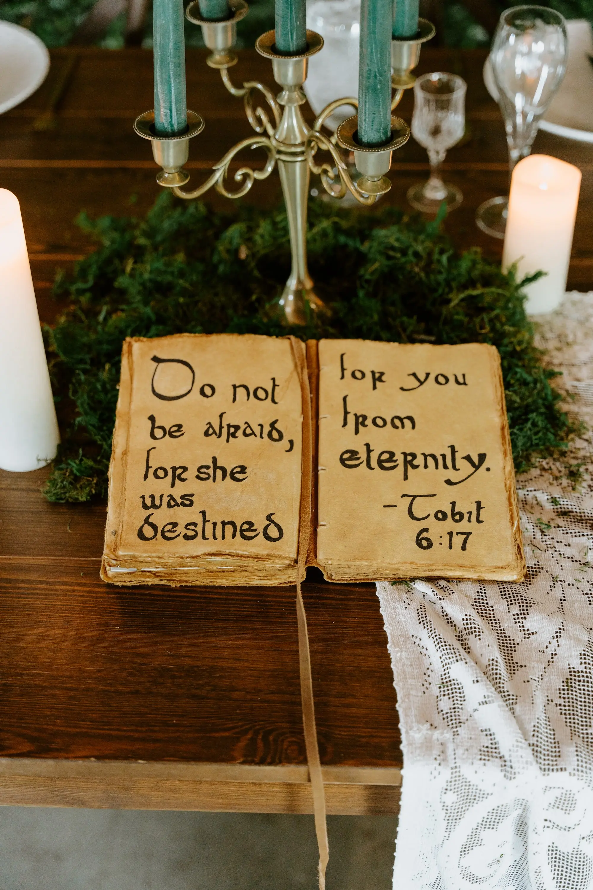 Magical Woodland Fantasy Wedding Reception Decor Inspiration | Moss Centerpiece with Gold Candelabra Decor Ideas