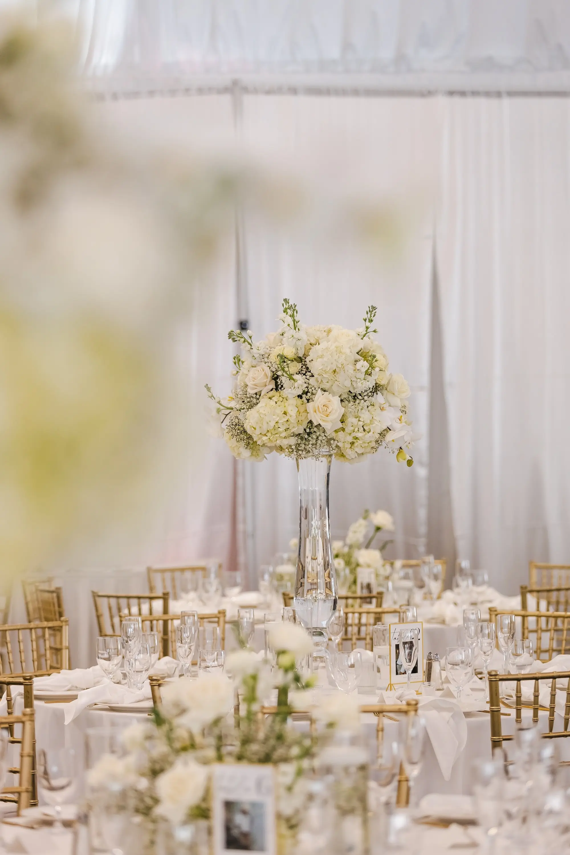 Classic Champagne and Black Florida Beach Tented Ballroom Wedding Reception | White Flower Roses and Baby's Breath in Tall Glass Vase Centerpiece Decor Ideas | Gold Chiavari Chairs at Round Tables with White Linens Decor Inspiration