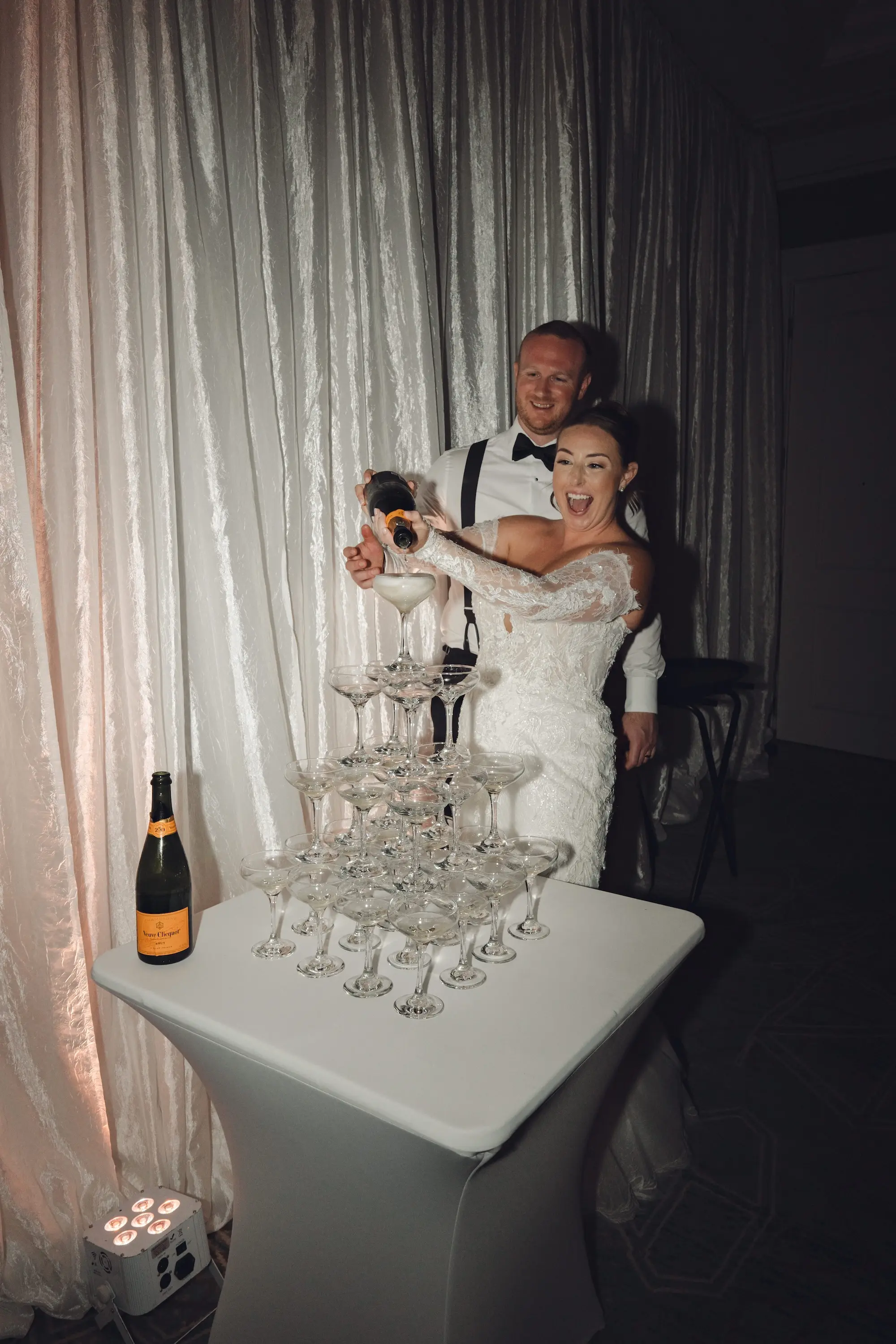 44Modern Disco Themed Florida Wedding Inspiration - Romantic Disco-Themed Florida Wedding | Hyatt Regency Clearwater Beach Bride and Groom Champagne Tower Wedding Portrait | Tampa Bay Photographer Amber Yonker Photography
