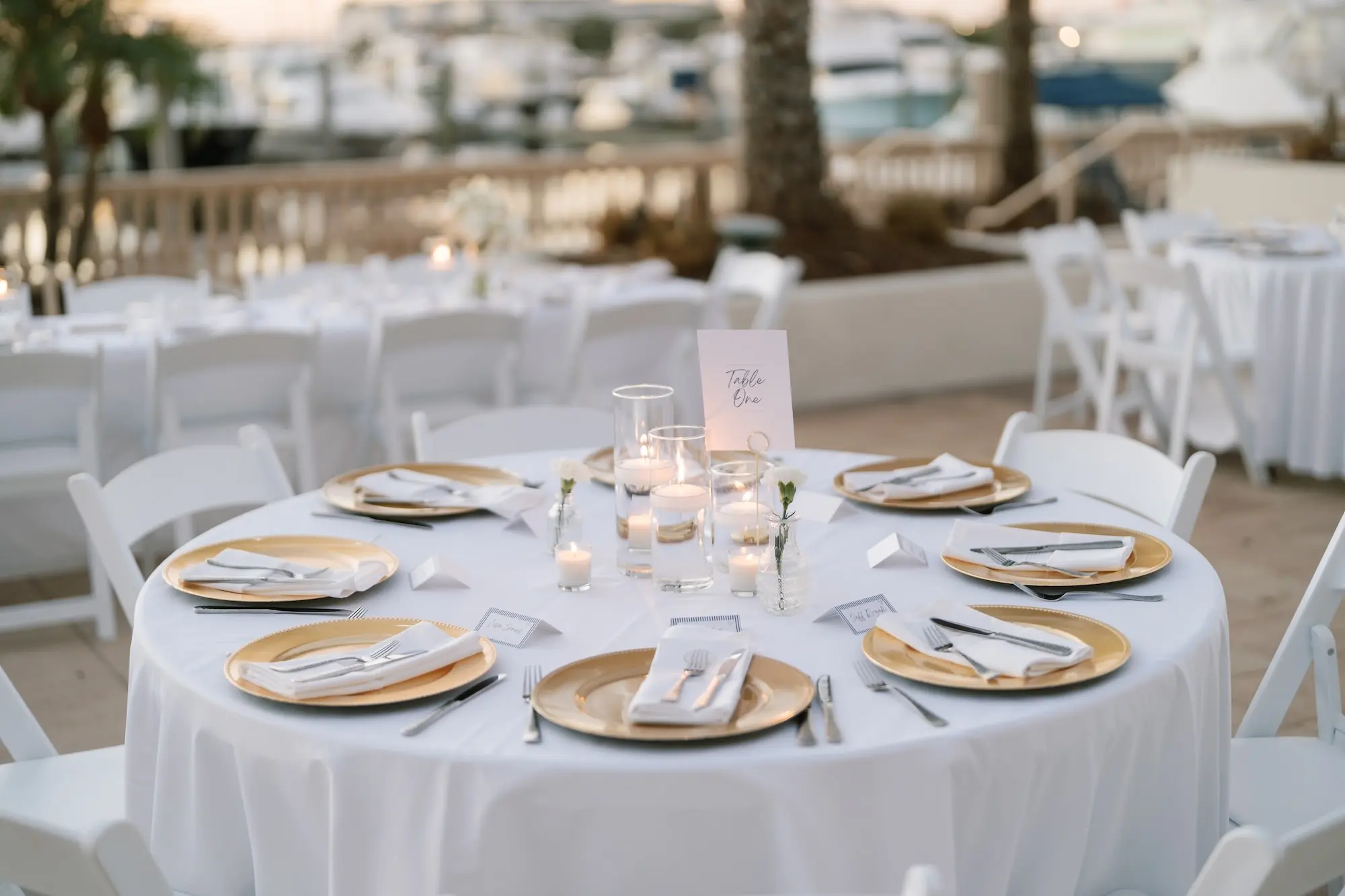 Romantic White and Gold Waterfront Wedding Reception Tablescape Place Setting Ideas