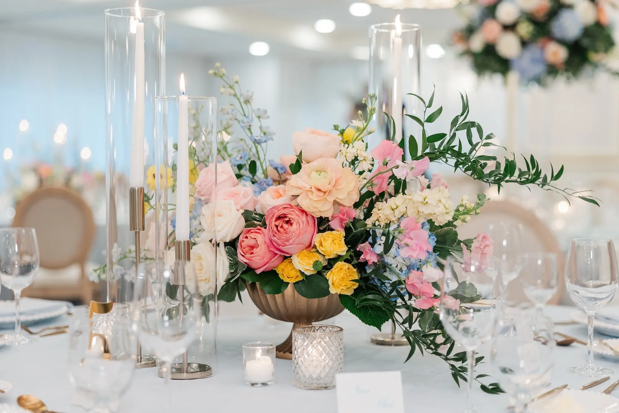 Blue Spring Garden Party Wedding Reception Centerpiece Decor Inspiration | Blue, Pink, White, Yellow, and Orange Flowers | Clearwater Florist Bruce Wayne Florals | Tampa Bay Event Venue Belleair Country Club