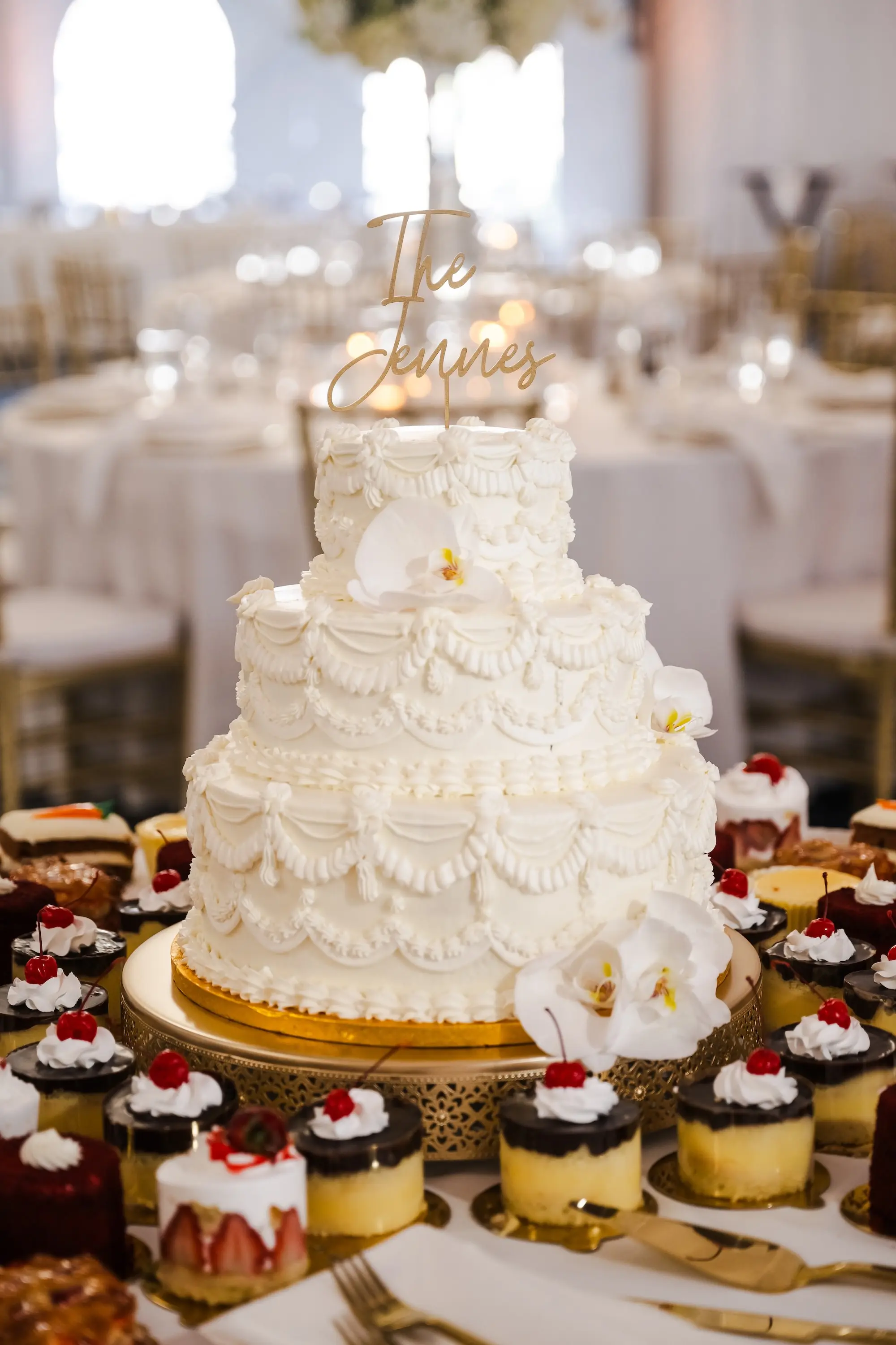 White Three-Tiered Round Buttercream Wedding Cake Ideas | Gold Last Name Cake Topper Inspiration