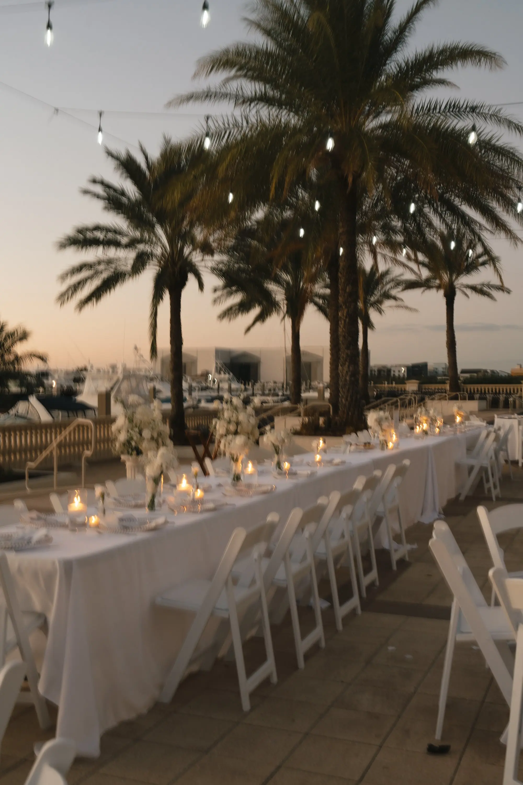 Romantic White and Gold Waterfront Wedding Reception Long Feasting Table Decor Inspiration | Tampa Bay Event Venue Westshore Yacht Club