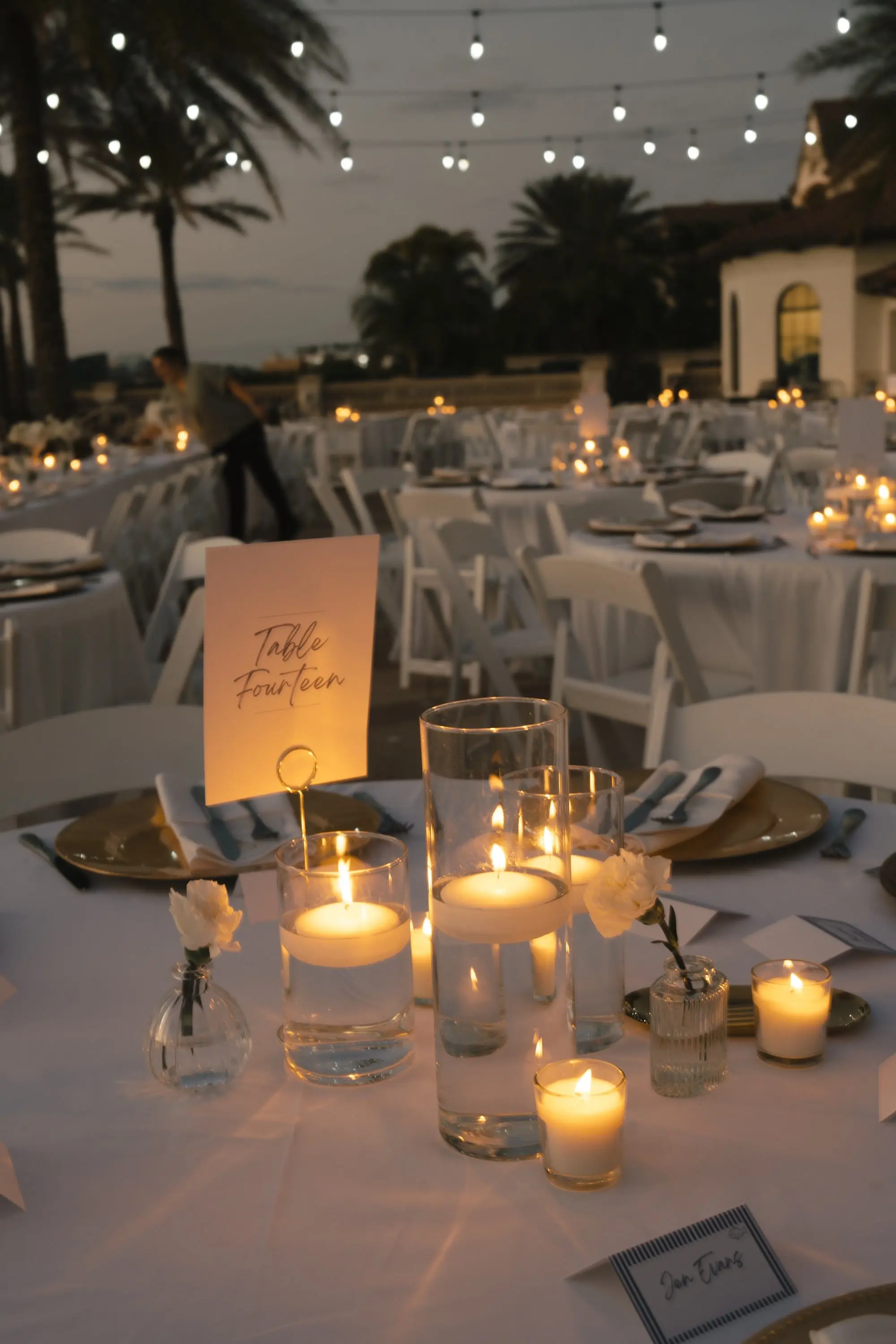 Romantic White and Gold Waterfront Wedding Reception Floating Candle Centerpiece Decor Inspiration