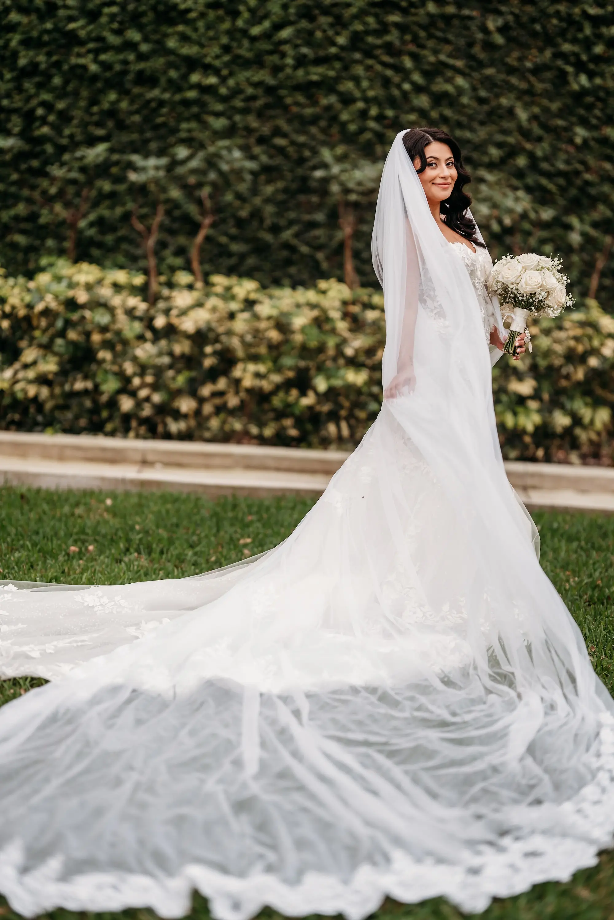 Bride on Wedding Day with Cathedral Veil Portrait | Tampa Hair and Makeup Adore Bridal | Photographer Sabrina Autumn Photography