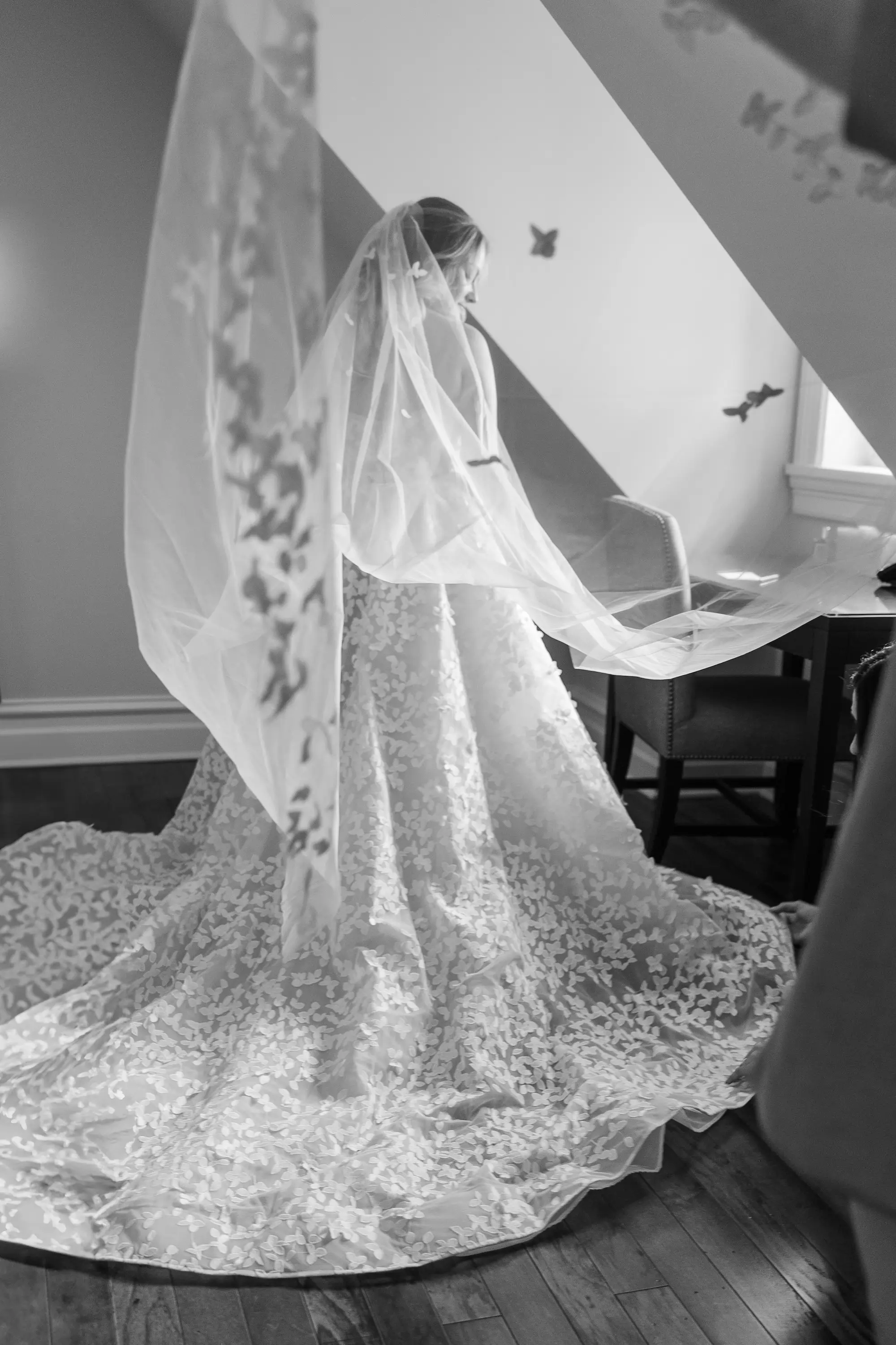 Beige Floral Appliqué Ballgown Atelier Beccar Wedding Dress Inspiration | Black and White Bridal Portrait | Clearwater Photographer Mary Anna Photography