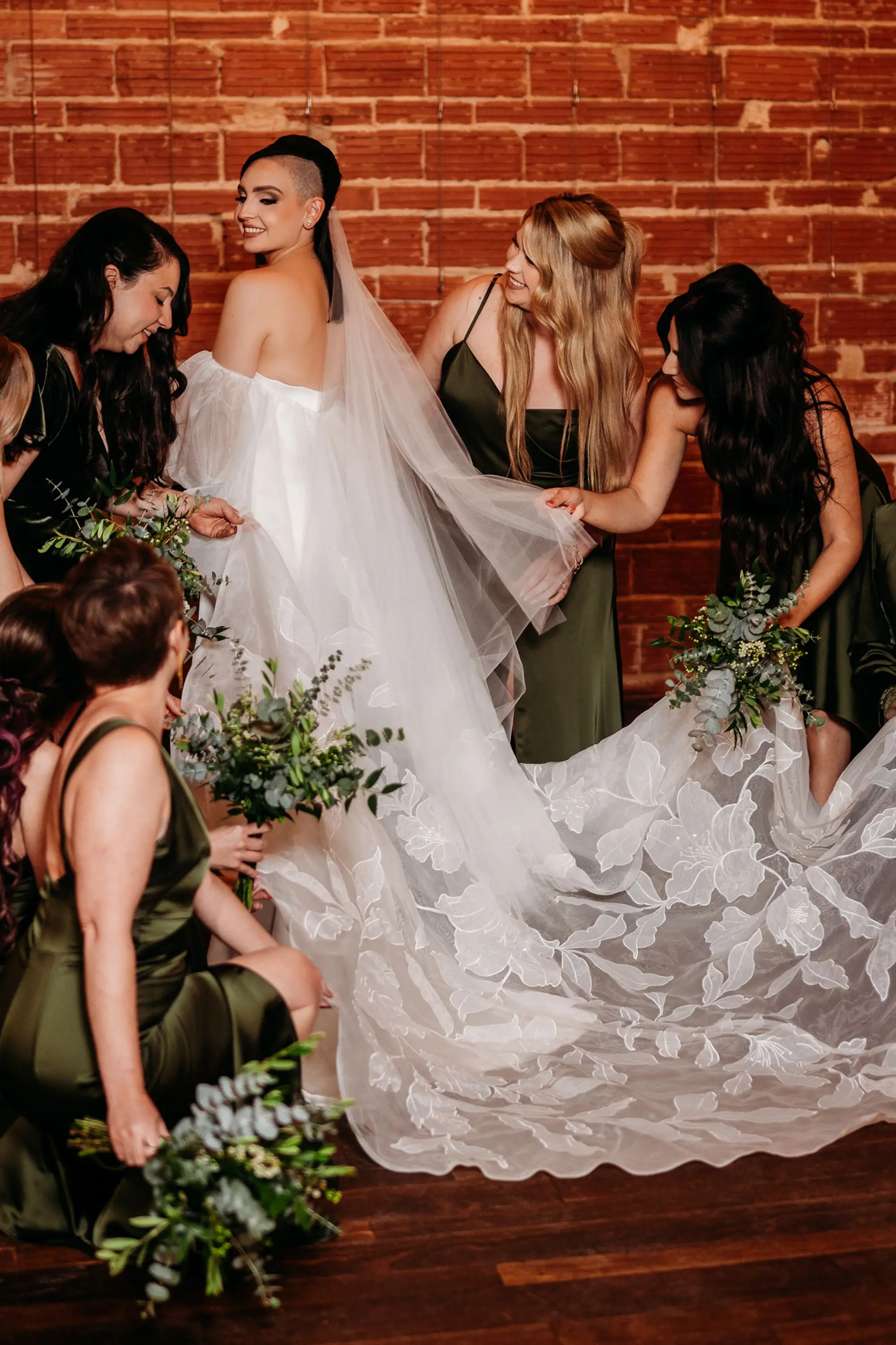 Bride and Bridesmaids Wedding Portrait | Greenery Fern, Eucalyptus Bridesmaid Bouquet Inspiration | Cathedral Length Chiffon Veil Ideas | Custom Floral Detailed Jenny Woo Bridal Cape Inspiration | Natural Glamorous Makeup with Undercut Bridal Hair Ideas | St Pete Hair and Makeup Artist Femme Akoi Beauty Studio | Tampa Bay Photographer Sabrina Autumn Photography