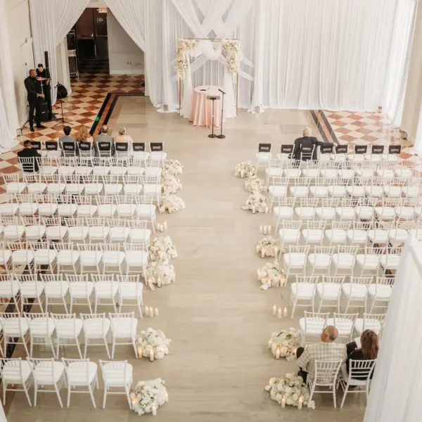 Romantic Blush Pink, White, and Champagne Wedding Ceremony Decor Inspiration | Tampa Venue The Vault