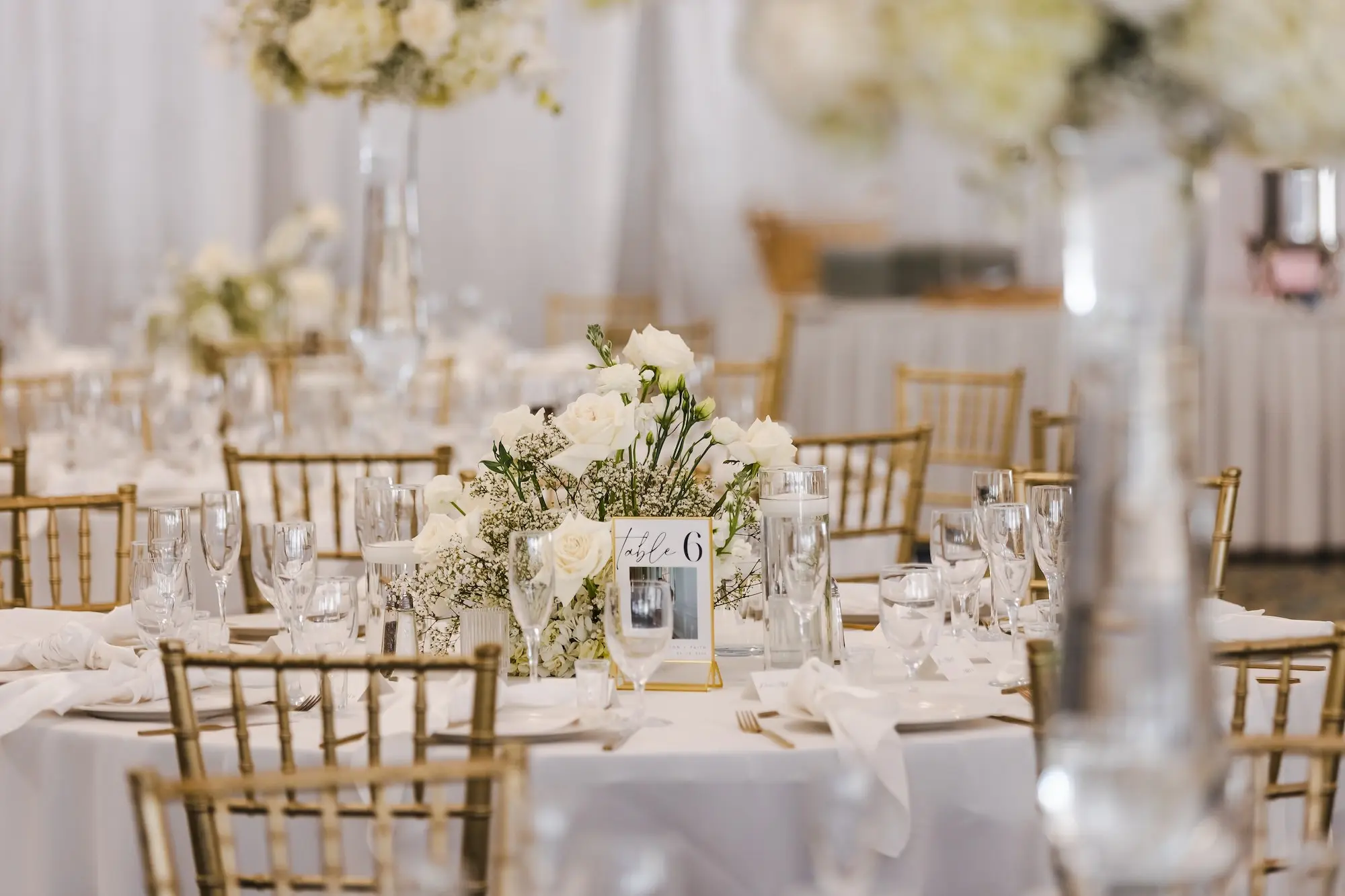 Classic Champagne and Black Beach Wedding Reception Inspiration | White Flower Centerpiece Decor Ideas