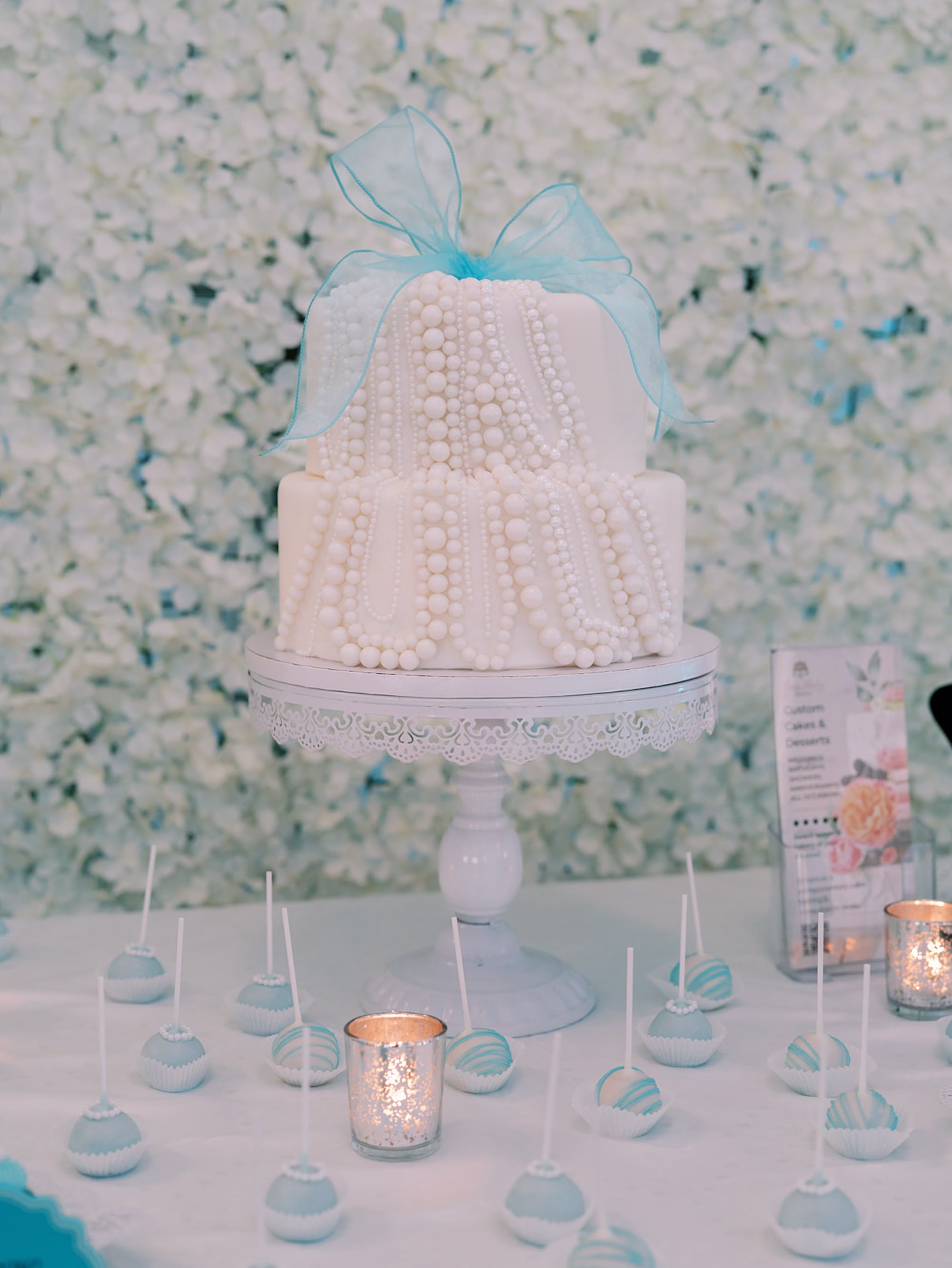 Breakfast at Tiffanys Blue Inspired Wedding Bridal Shower Ideas | Pearl Necklace Round Cake with Bow