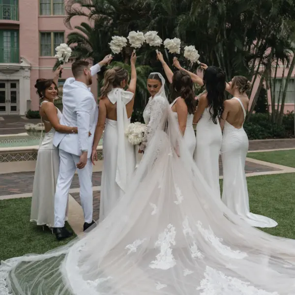 14Luxurious Ivory Neutral Ballroom Wedding Inspiration - Luxurious, Ivory Downtown St. Pete Wedding | The Vinoy Bride with Bridal Party Wedding Portrait