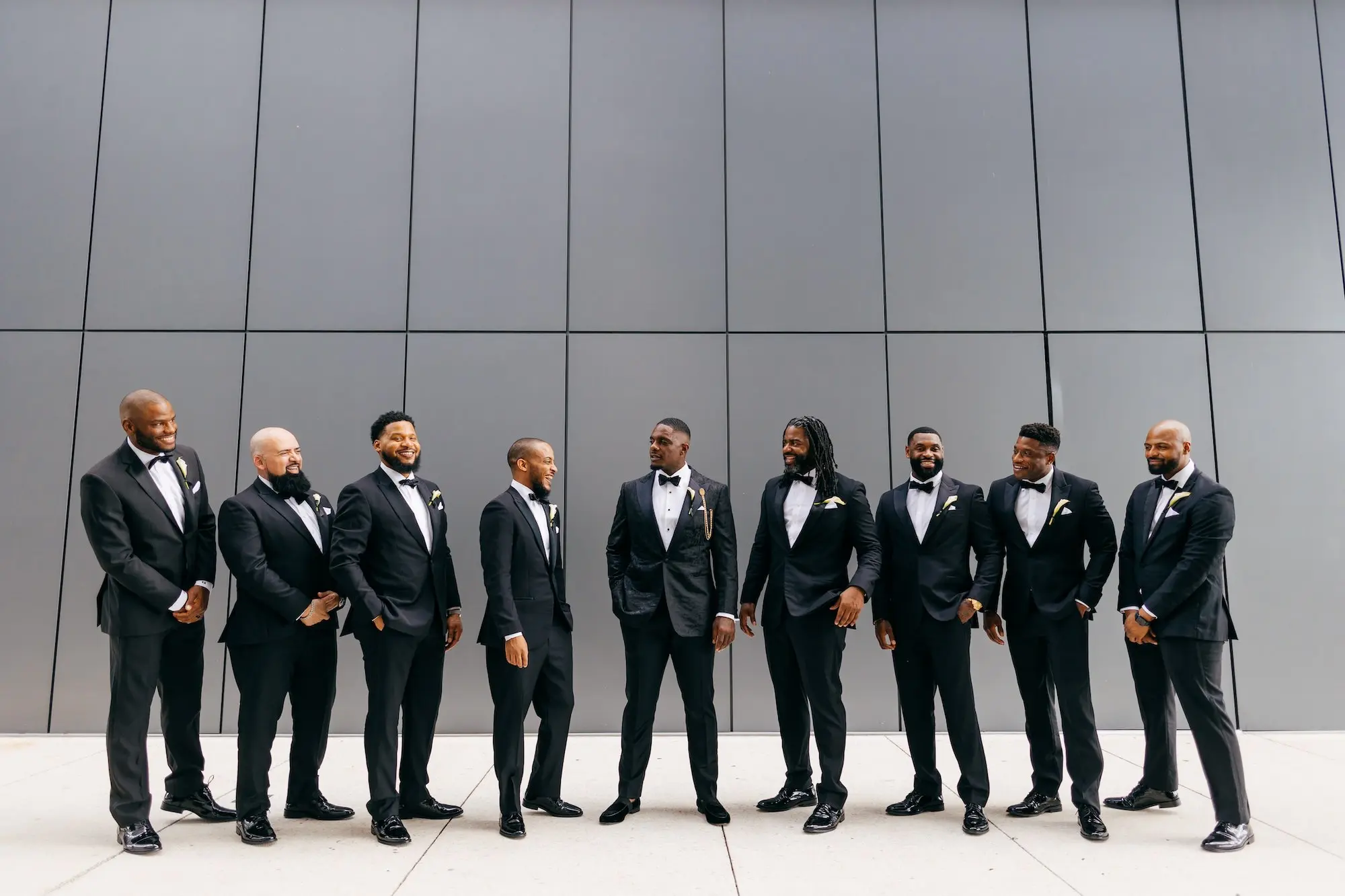 Groom and Groomsmen Wedding Portrait | Black Tie Grooms Wedding Attire Inspiration | Traditional Black and White Tuxedo Ideas