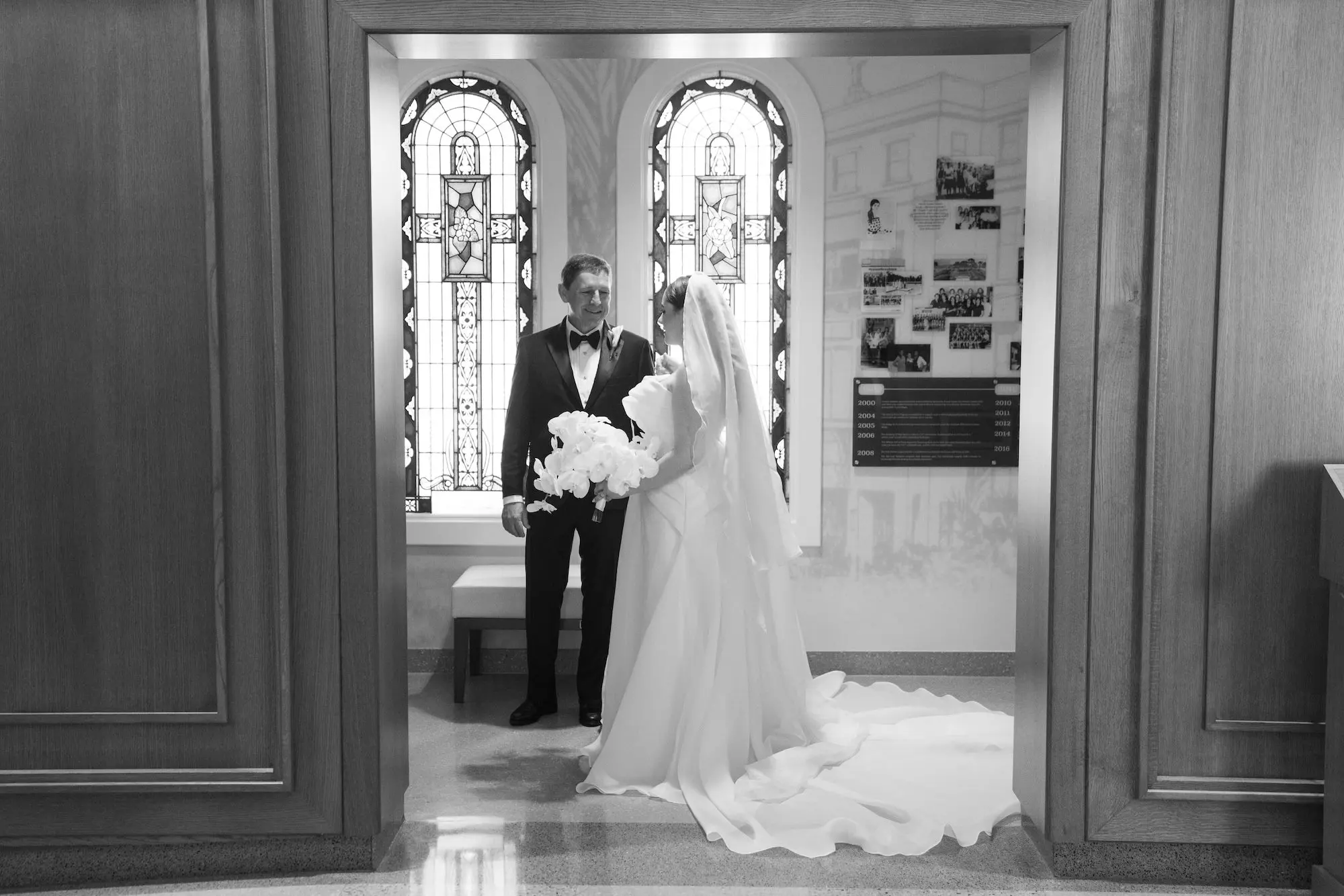 Bride and Father Black and White First Look Wedding Portrait
