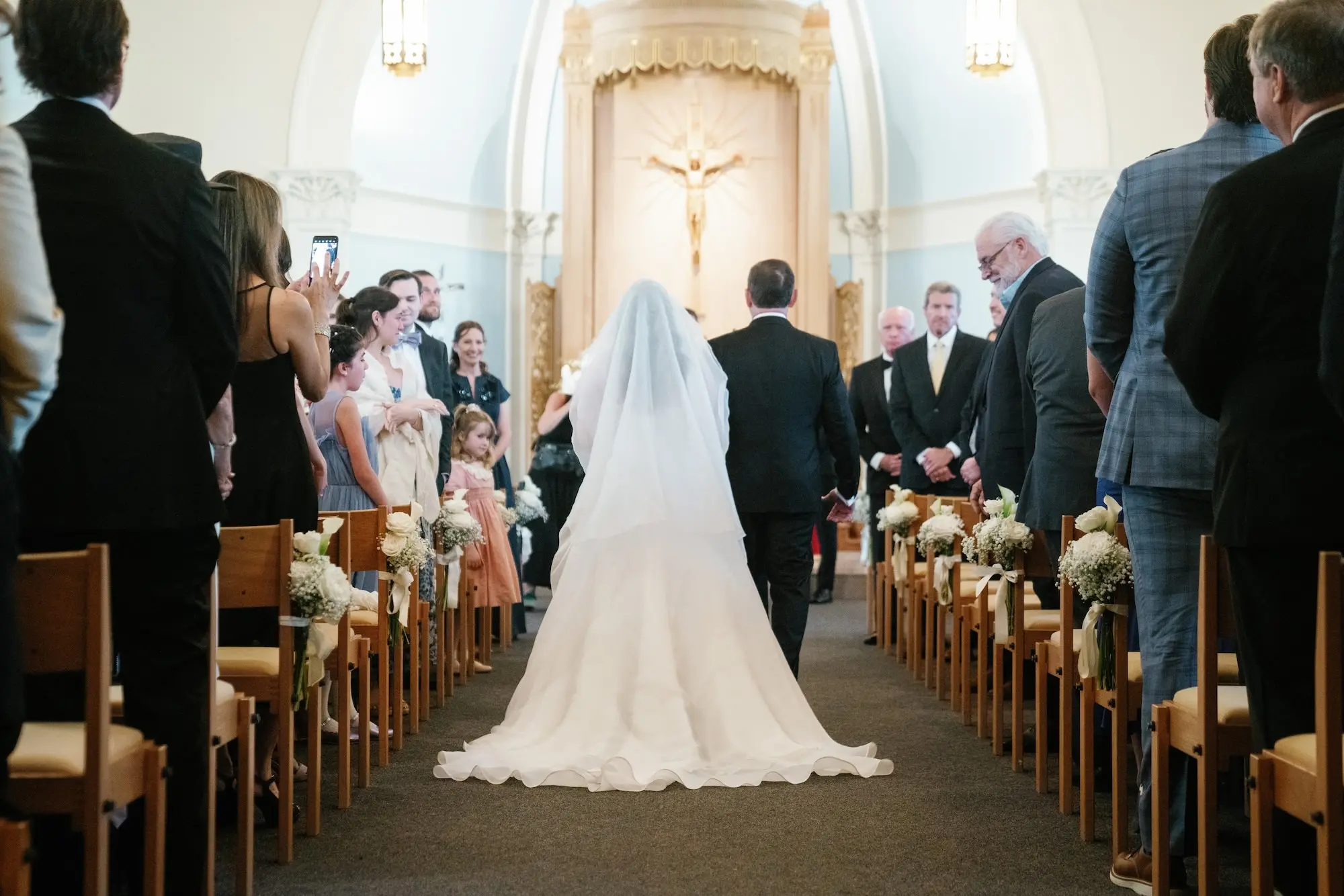 Bride and Father Walking Down Wedding Ceremony Aisle | Classic Cathedral Length Chiffon Wedding Veil Ideas | Traditional Catholic Church Tampa Bay Wedding Ceremony Academy of Holy Names
