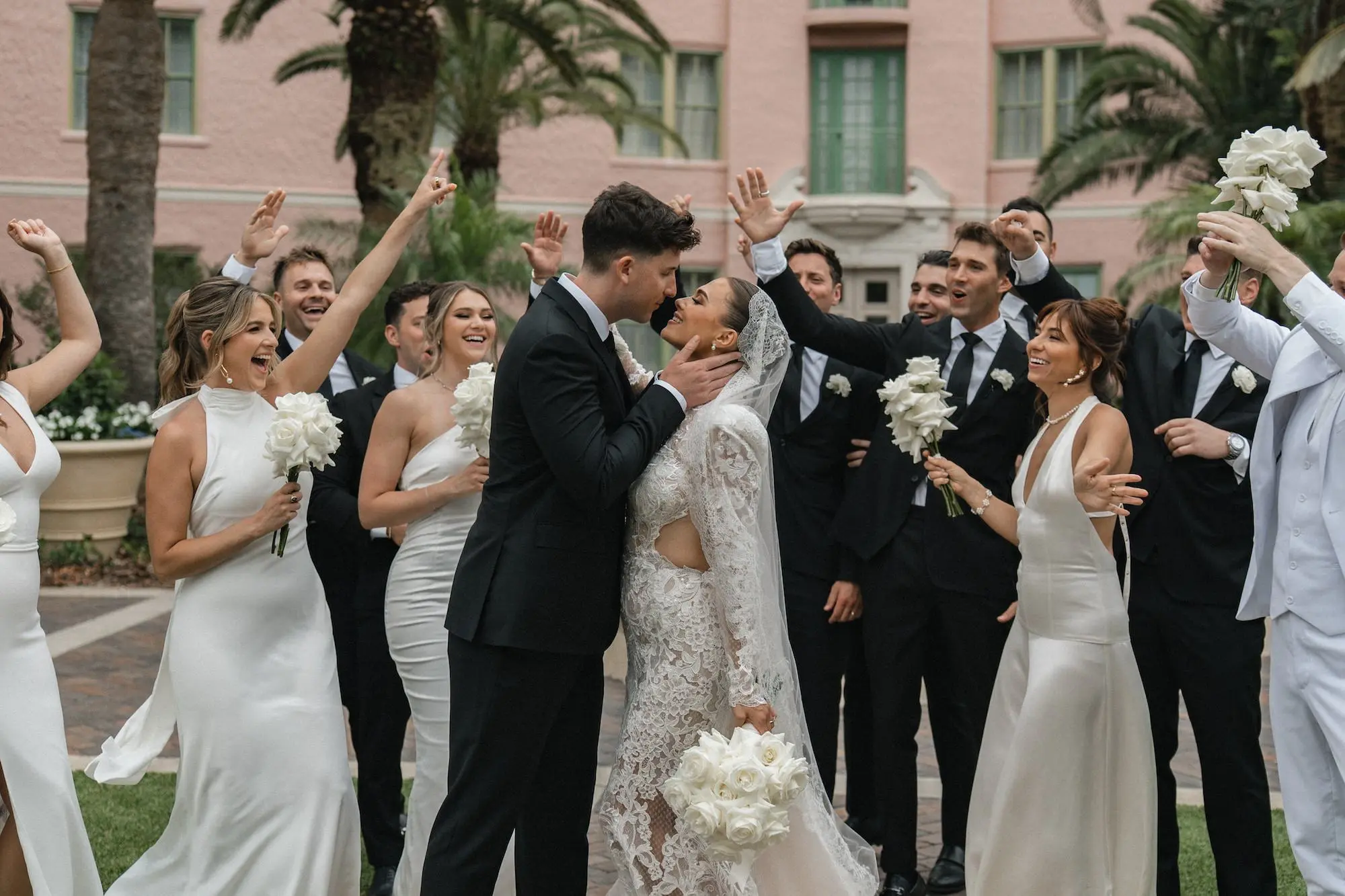 26Luxurious Ivory Neutral Ballroom Wedding Inspiration - Luxurious, Ivory Downtown St. Pete Wedding | The Vinoy Bride and Groom with Bridal Party Wedding Portrait