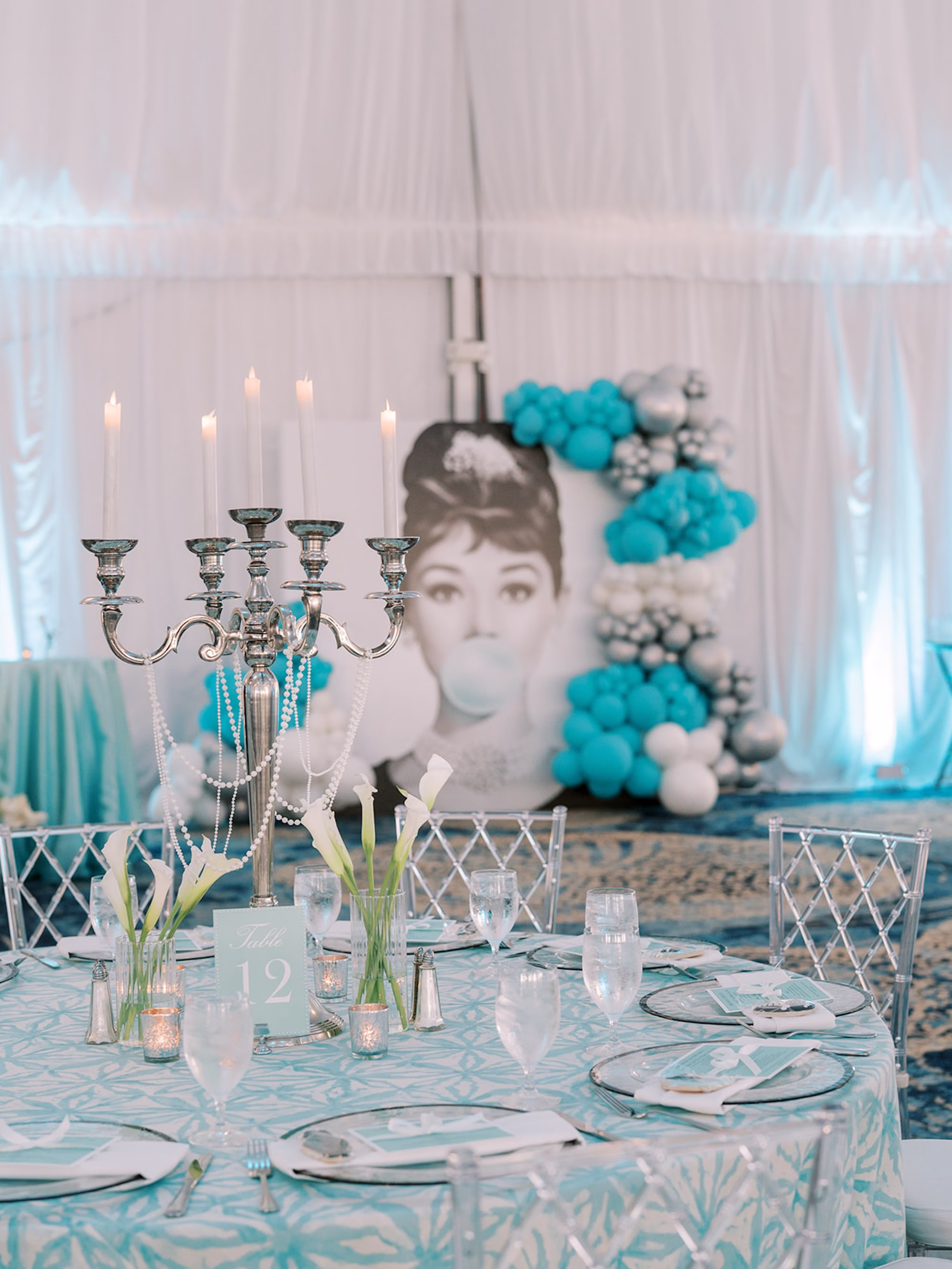 Breakfast at Tiffanys Blue Inspired Wedding Bridal Shower Ideas | Candelabra and Tulip Centerpiece Flowers | Planner EventFull Weddings | Over the Top Rental Linens | Florist Save the Date Florida