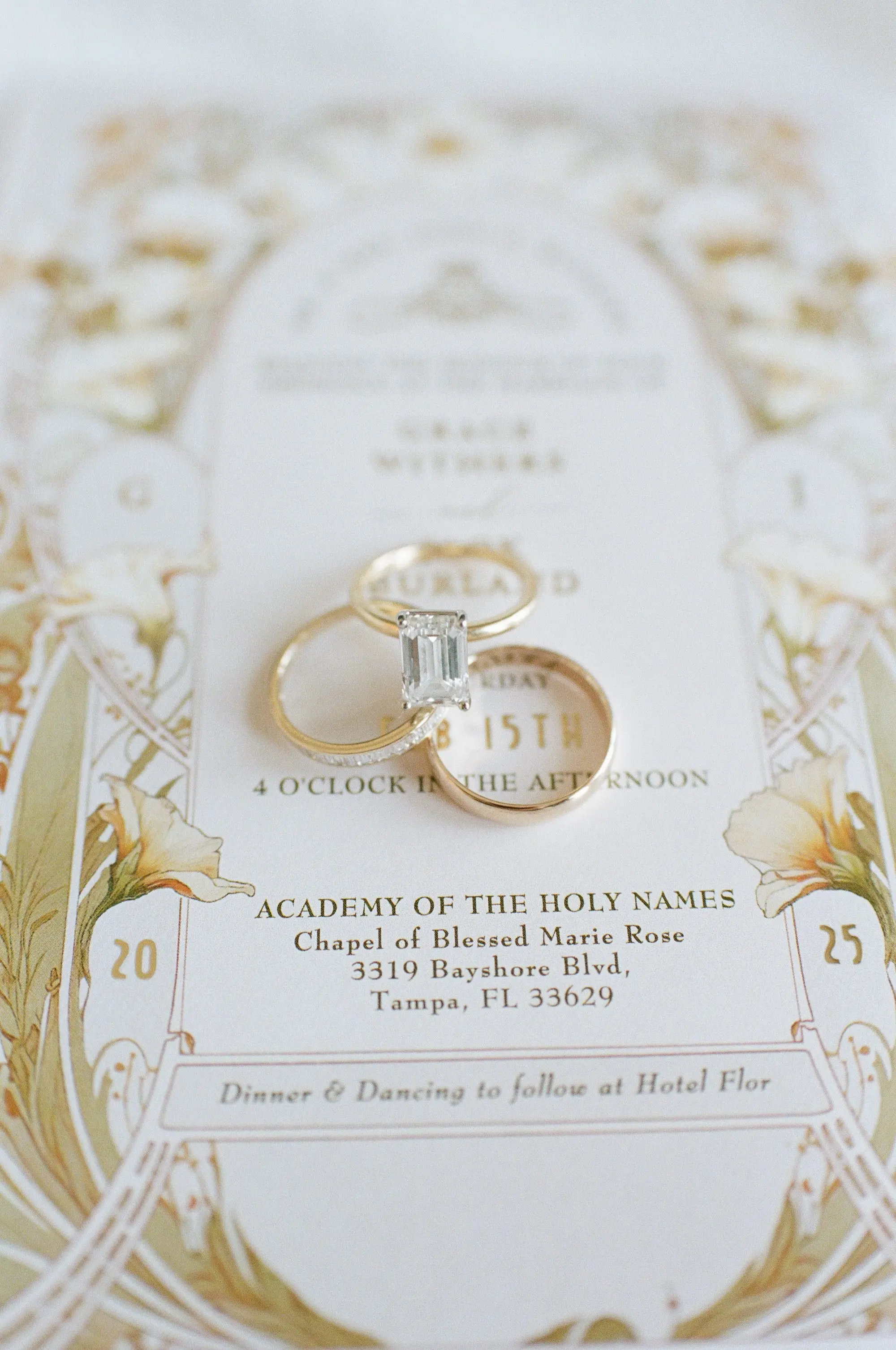 Elegant White Gold Wedding Invitation Suite Inspiration | Timeless Gold Band Rectangular Cut Engagement Ring Ideas | Thin Gold Wedding Bands Ideas
