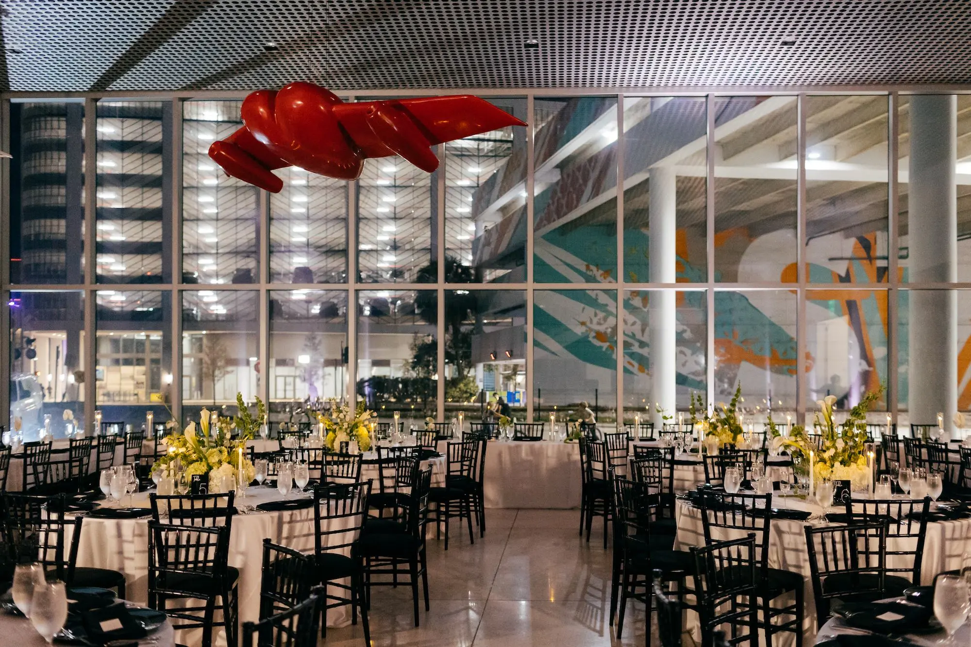 Elegant Modern Black Tie Night Museum Wedding Reception Inspiration | White Linens and Black Chairs Ideas | Over The Top Rental Linens | Wedding Venue Tampa Museum of Art | Tampa Bay Event Planner Unique Weddings and Events | Wedding Venue Tampa Museum of Art
