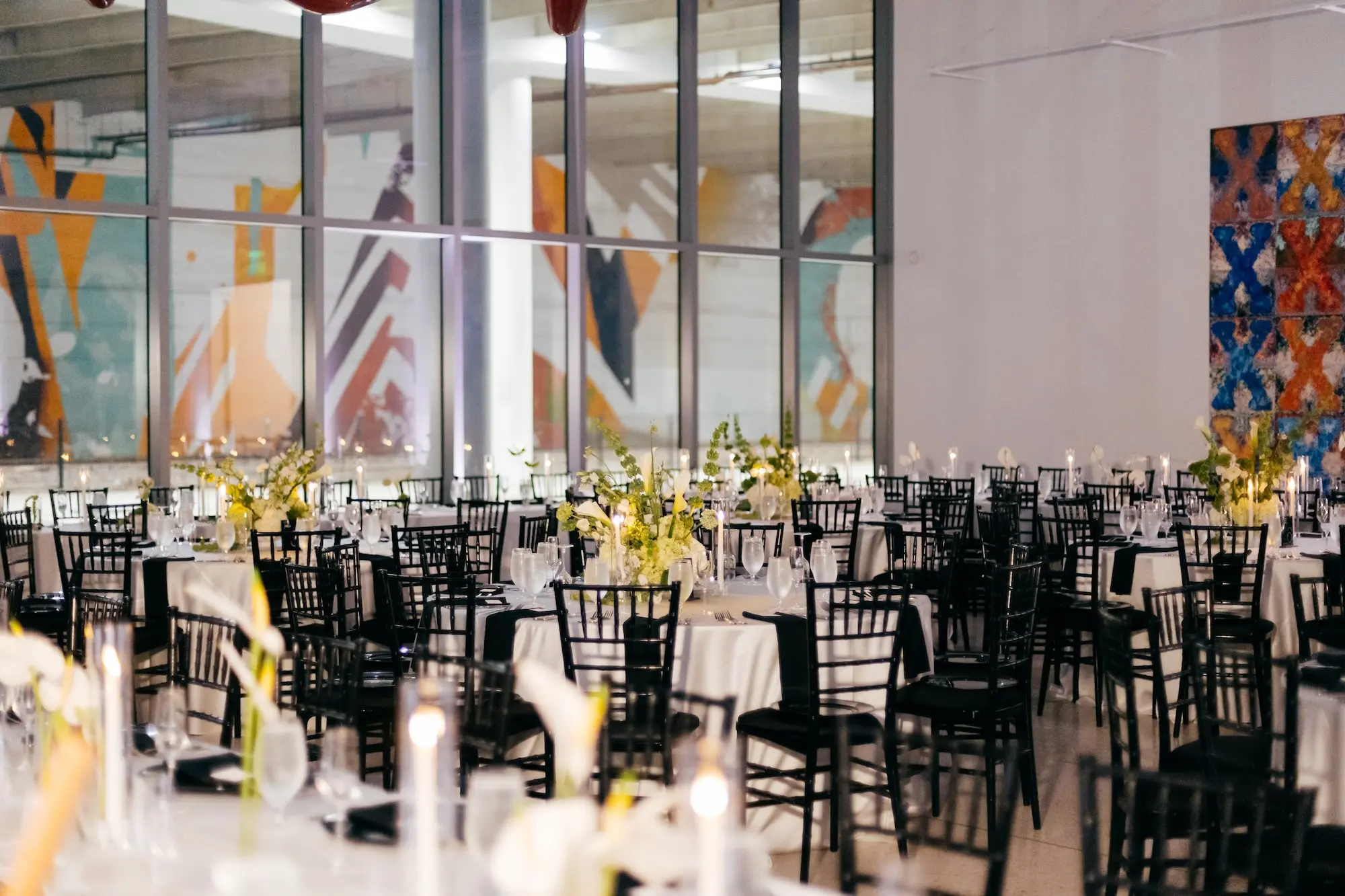 Elegant Modern Black Tie Night Museum Wedding Reception Inspiration | White Linens and Black Chairs Ideas | Over The Top Rental Linens | Wedding Venue Tampa Museum of Art | Tampa Bay Event Planner Unique Weddings and Events