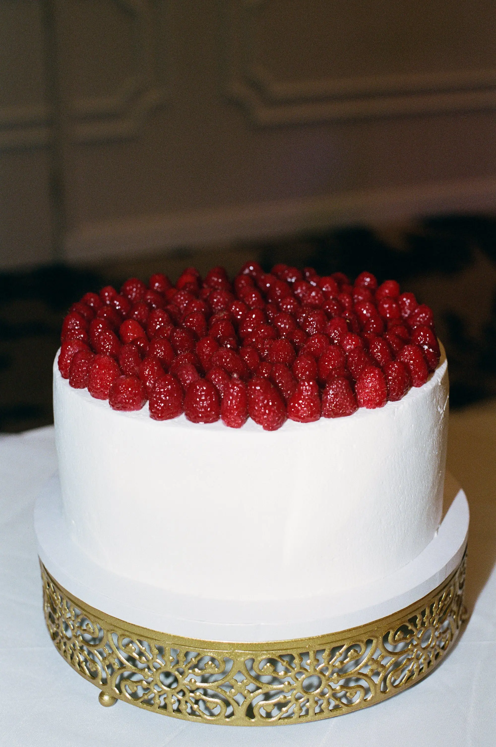 Simple Modern One Tier White Wedding Cake with Red Raspberries on Gold Cake Stand Wedding Reception Decor Inspiration